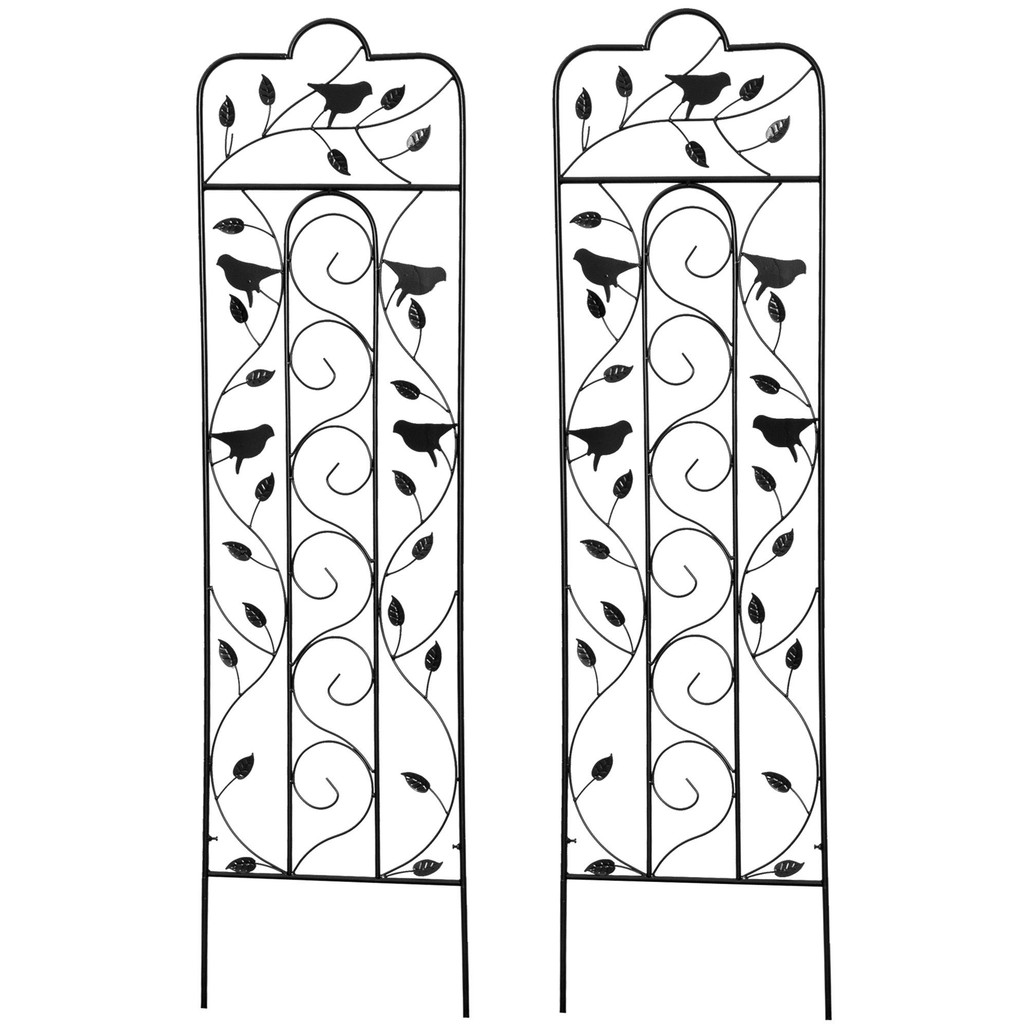 59 Inch Black Garden Trellis with Decorative Bird and Leaf Panels