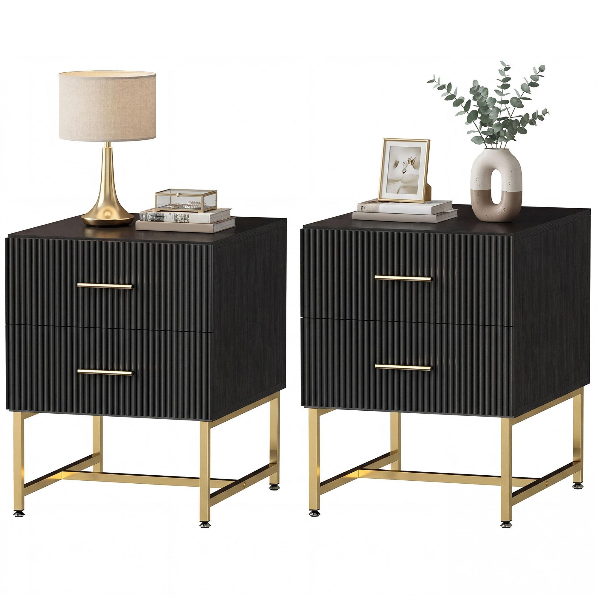 Black Fluted Bedside Table Set with Two Drawers for Bedrooms