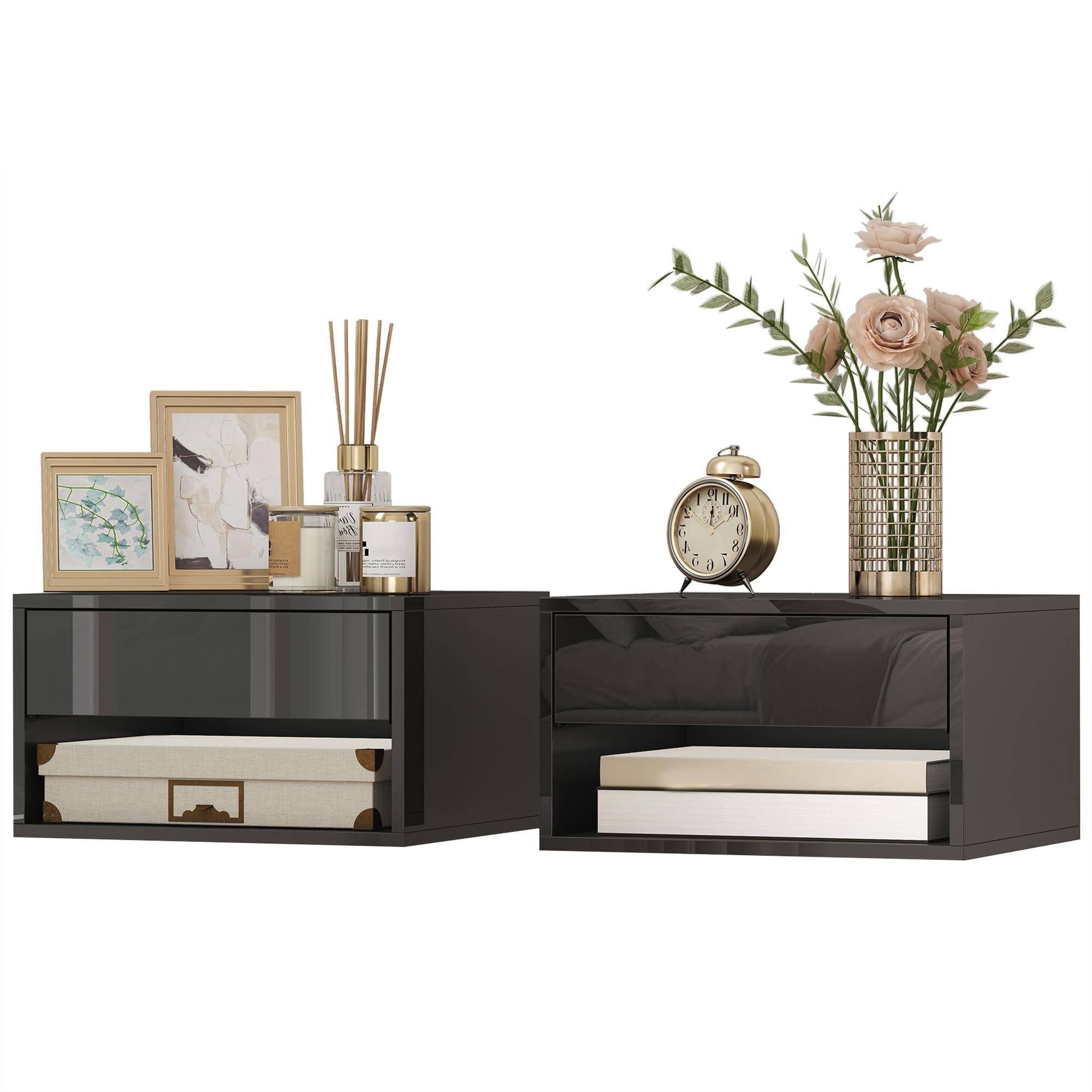 Black Glossy Floating Nightstands with Drawer and Shelf, 14.6 in