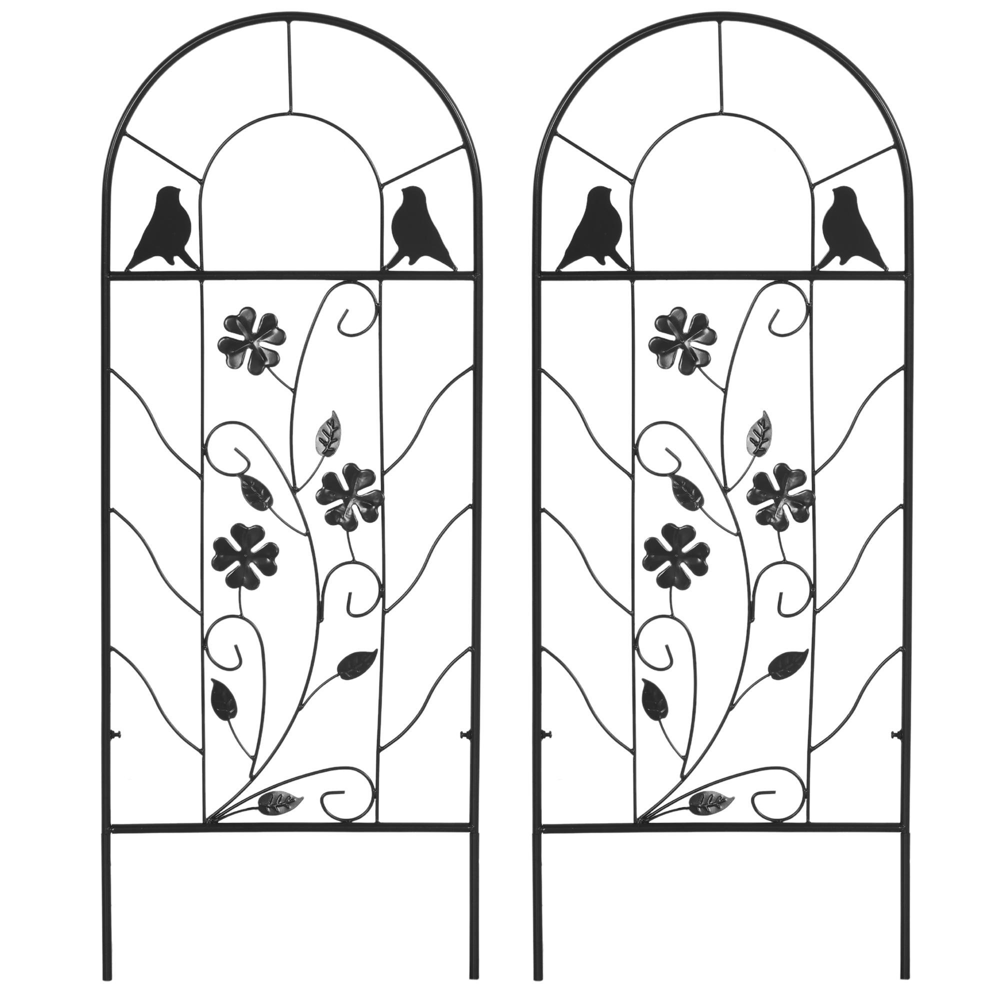 39 Inch Black Metal Trellis with Bird and Leaf Panels