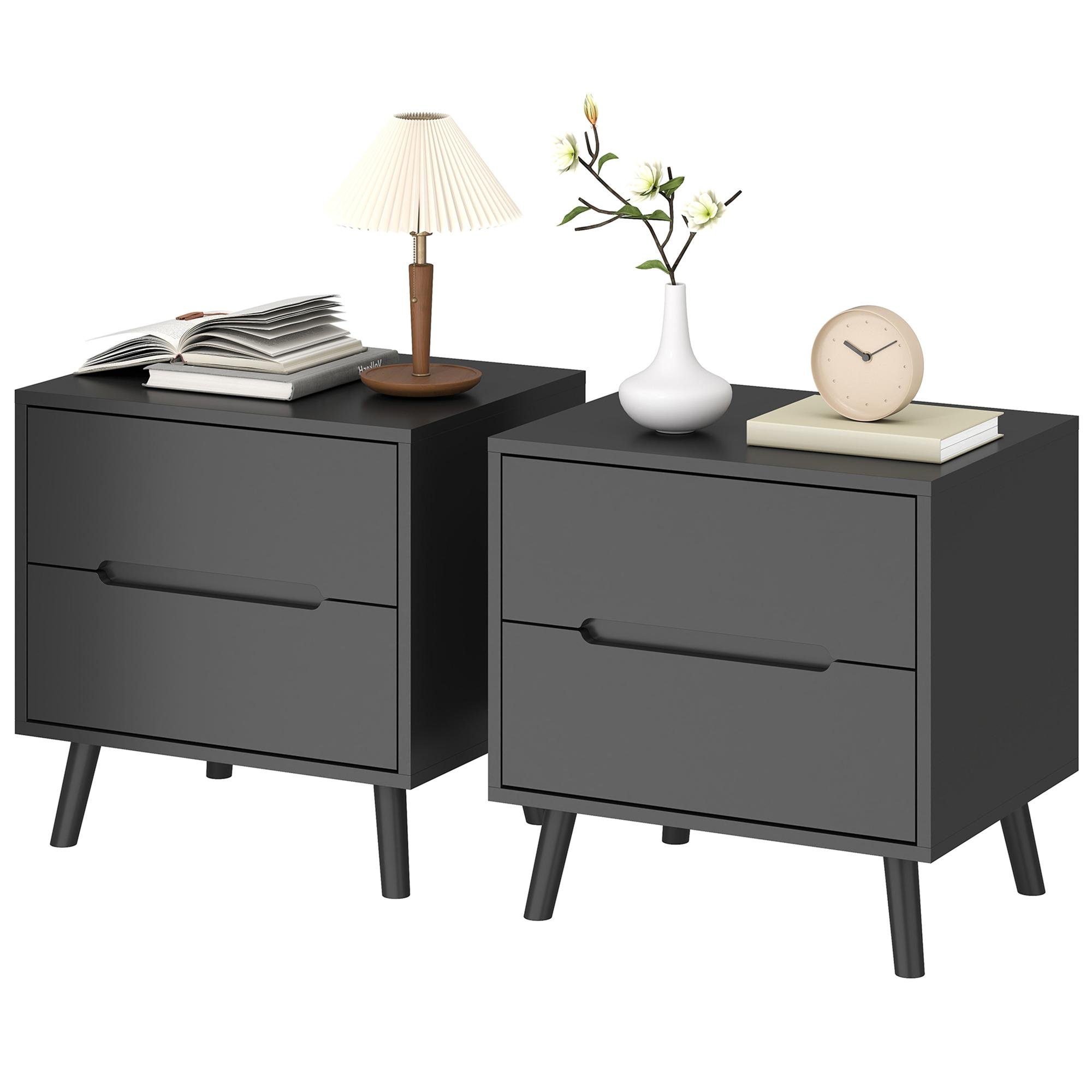 Black Pine Leg Nightstand Set with Two Drawers