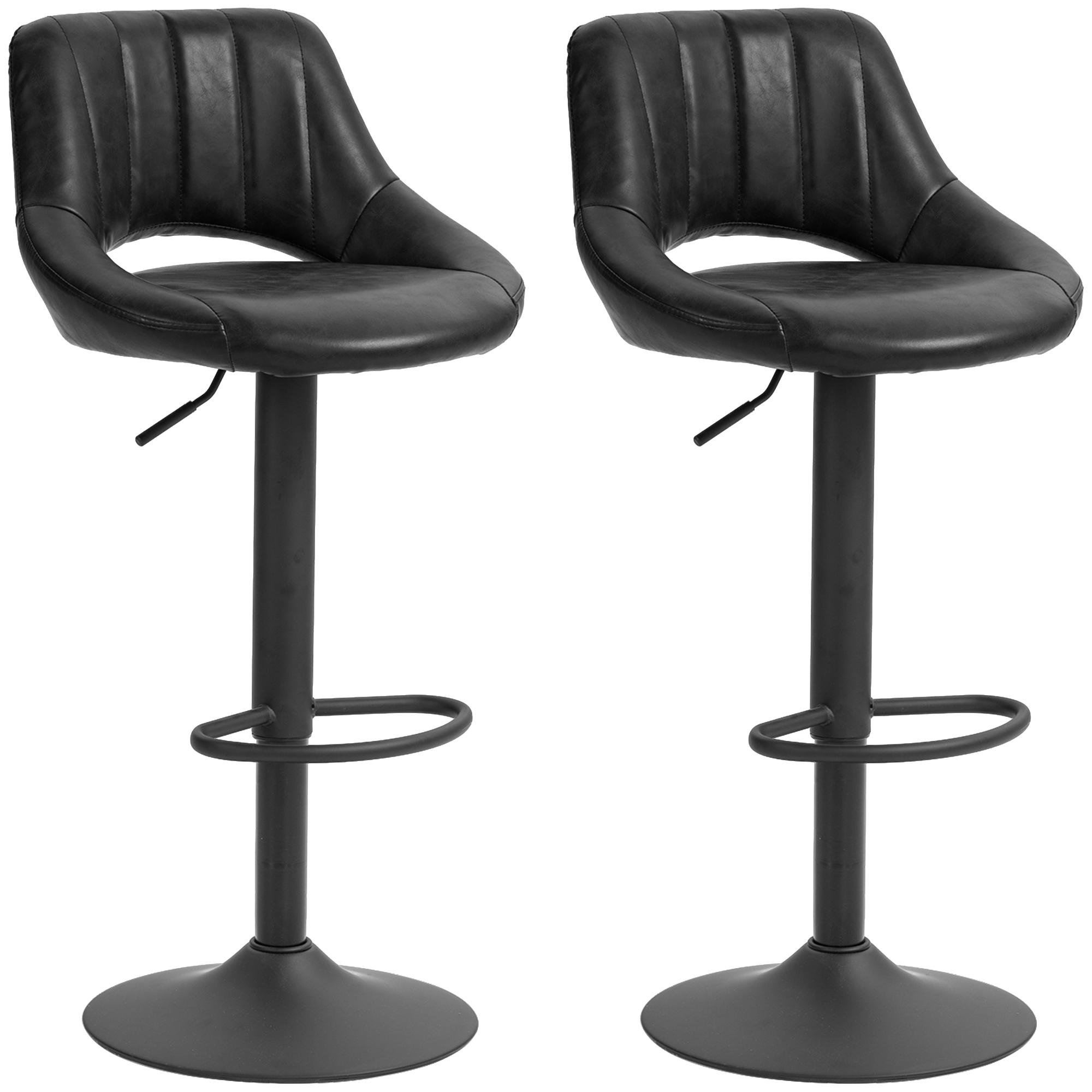 Black PU Leather Swivel Stools, Adjustable Set of 2