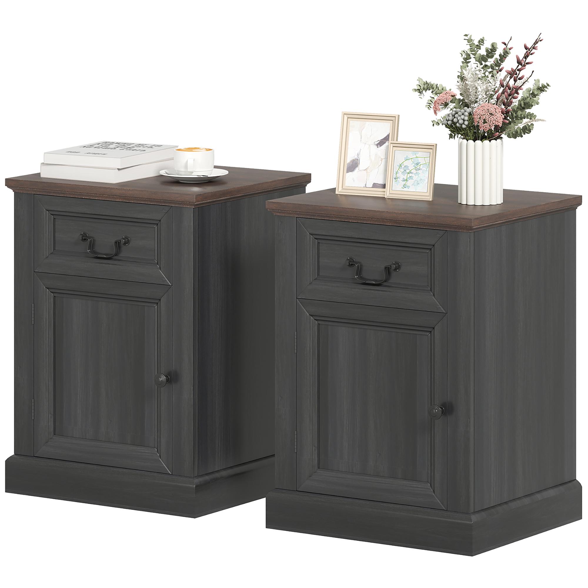 Black farmhouse nightstand set with drawer and cabinet