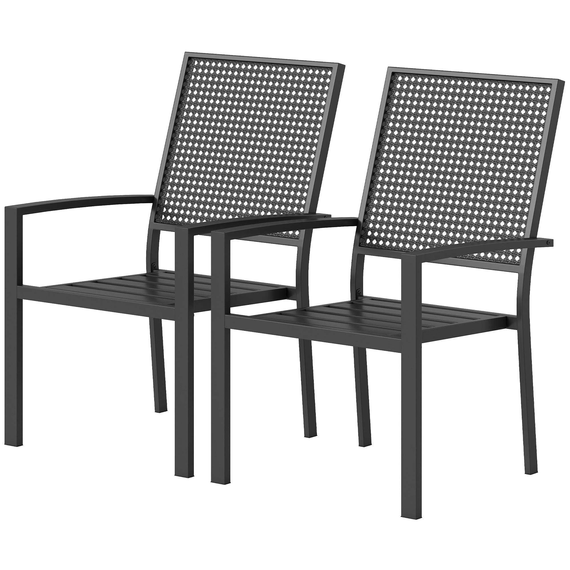 Black Faux Rattan Chairs, Stackable Outdoor Set of 2