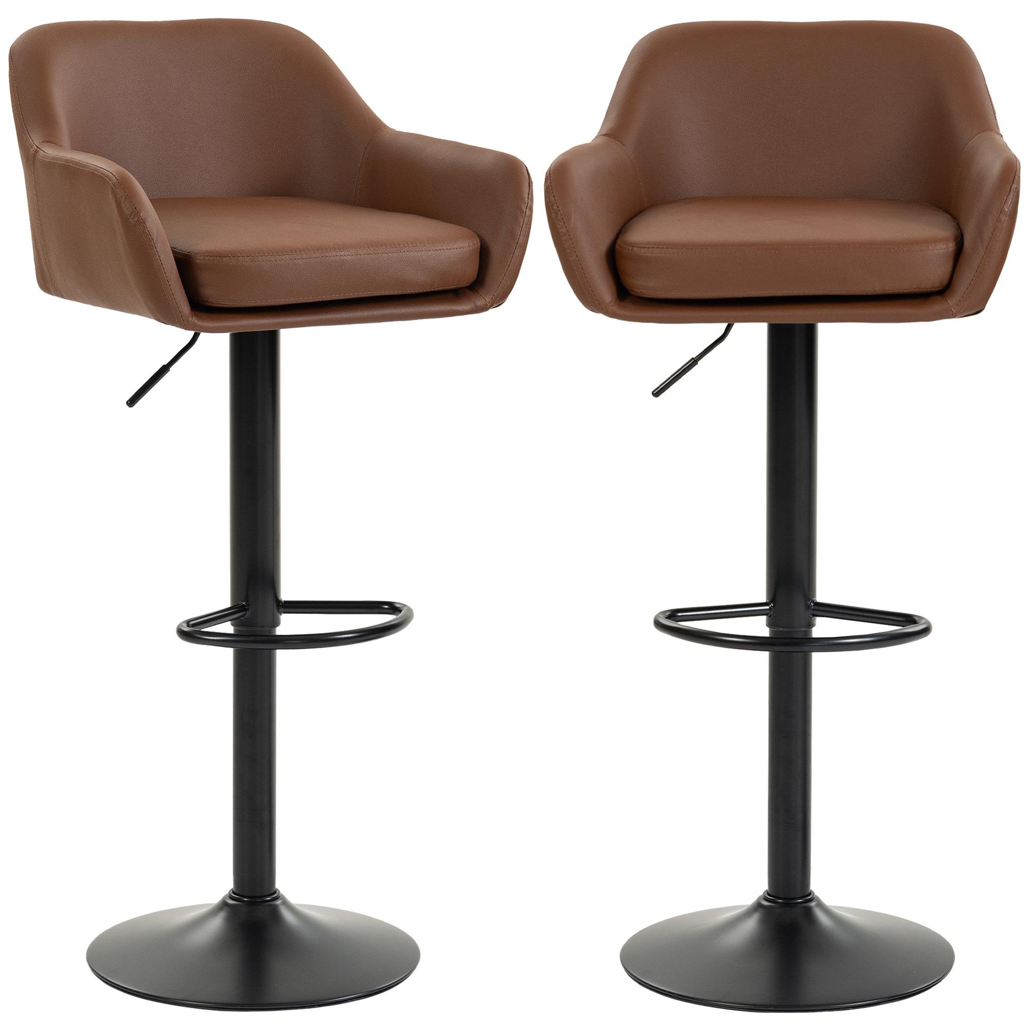 Brown PU Leather Bar Stools, Adjustable Swivel Set of 2