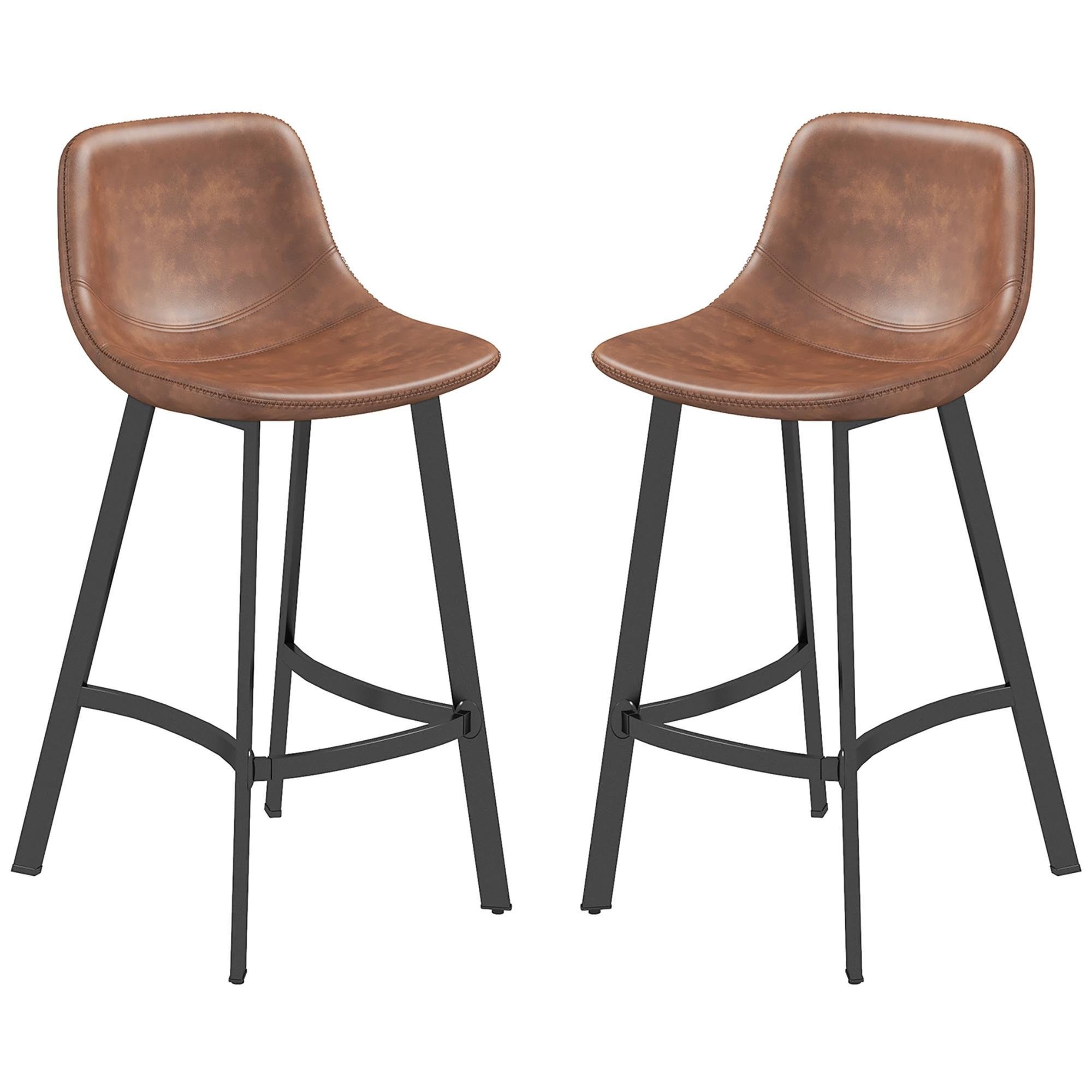 Brown Upholstered Counter Stools with Steel Legs, Set of 2