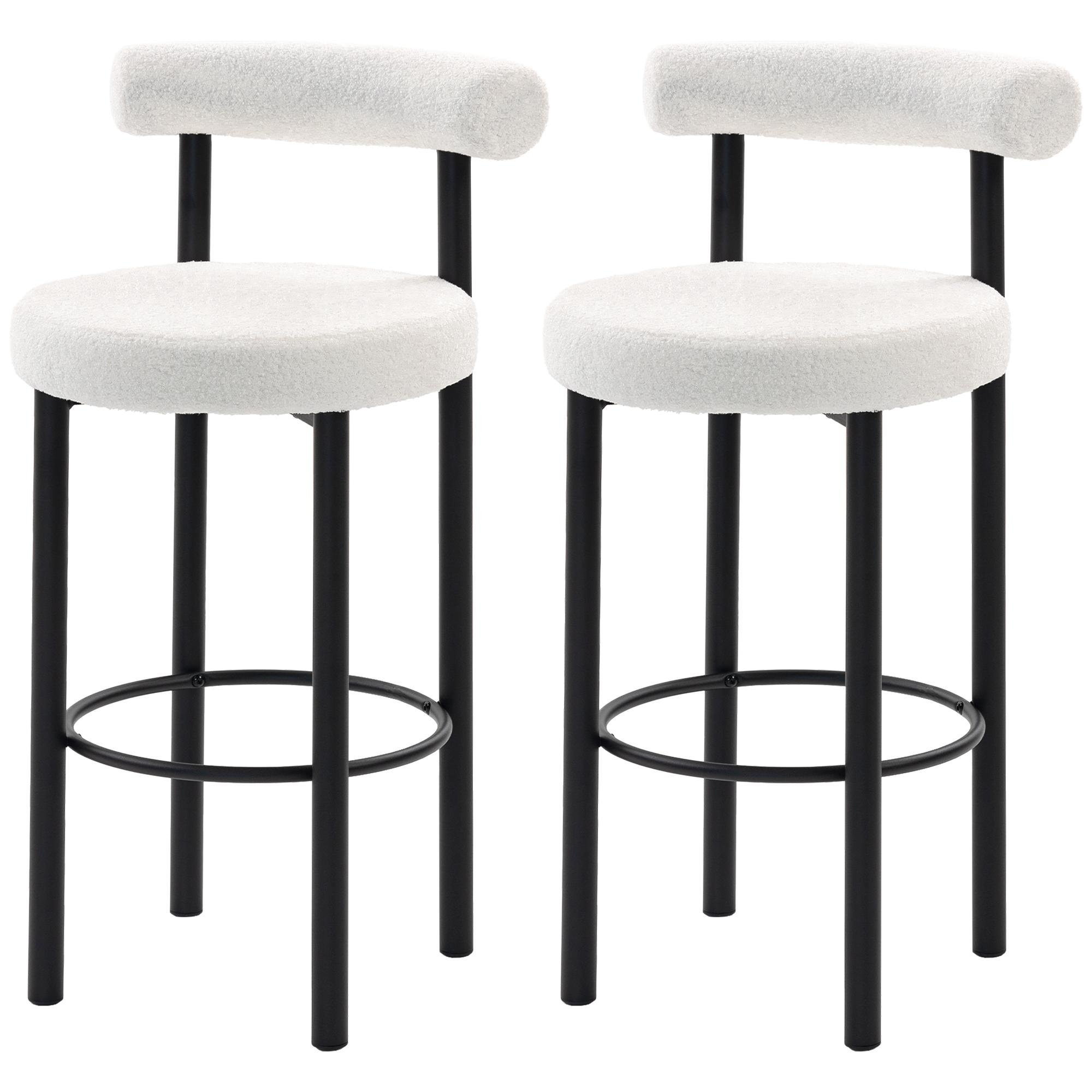 Cream Sherpa Bar Stools with Curved Backrest, Set of 2