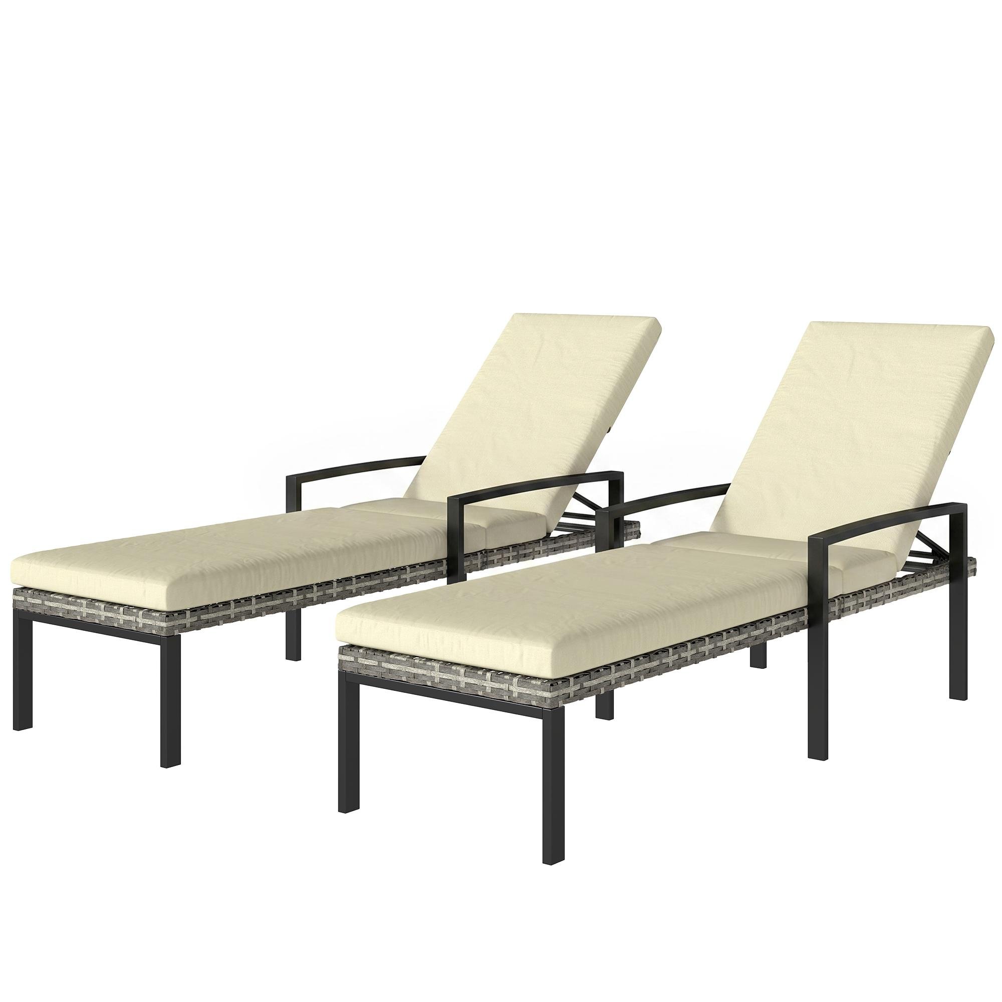 Cream White Wicker Chaise Loungers, 5-Position Set of 2