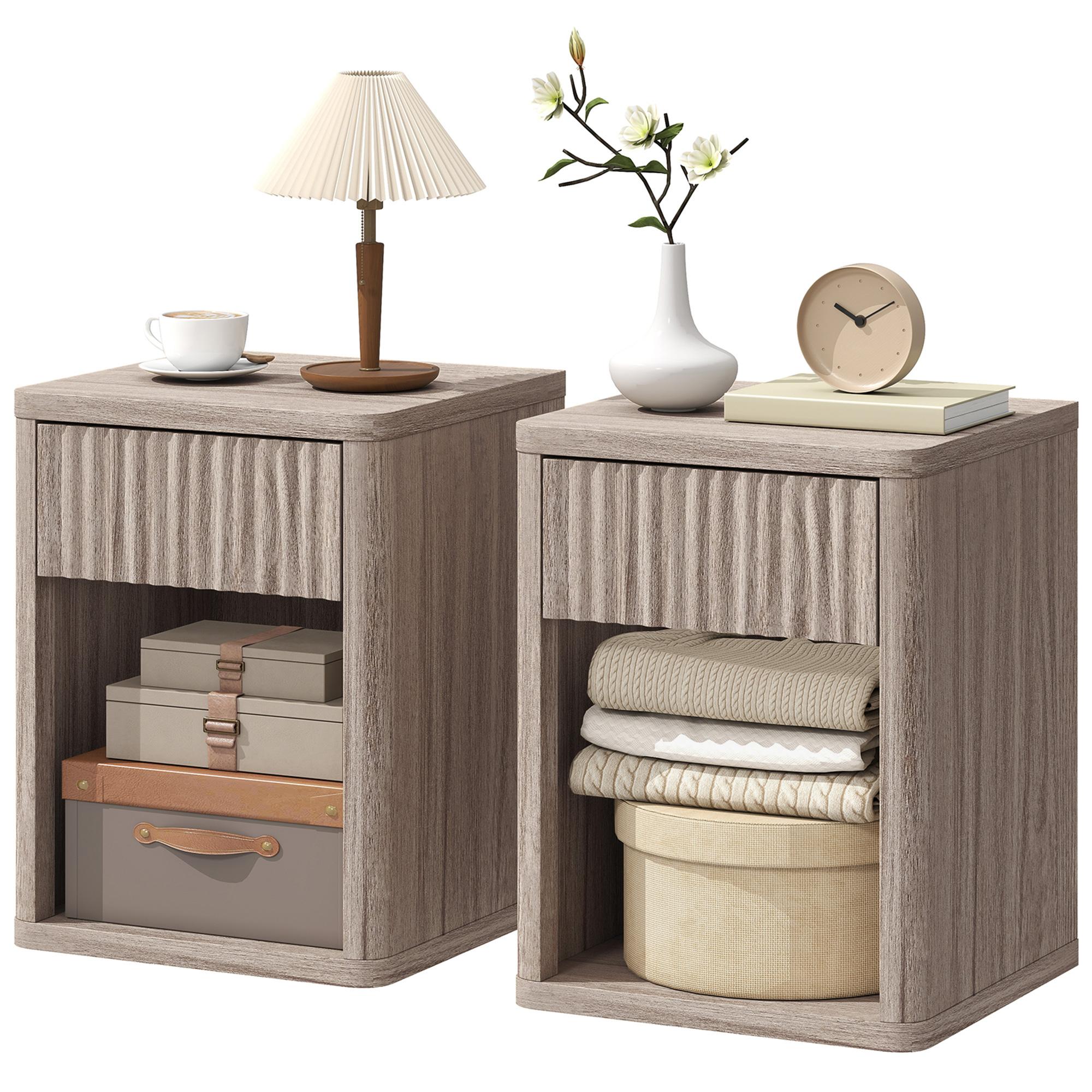 Grey Fluted Drawer Nightstands with Open Shelf, Set of 2