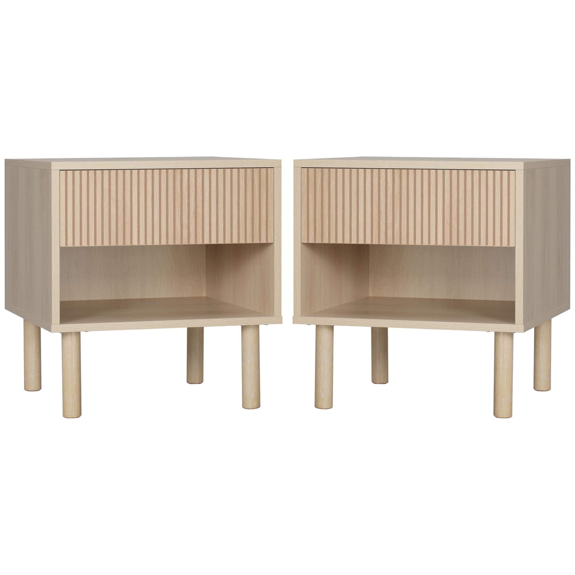 Natural Wood Fluted Nightstand Set with Drawer and Shelf