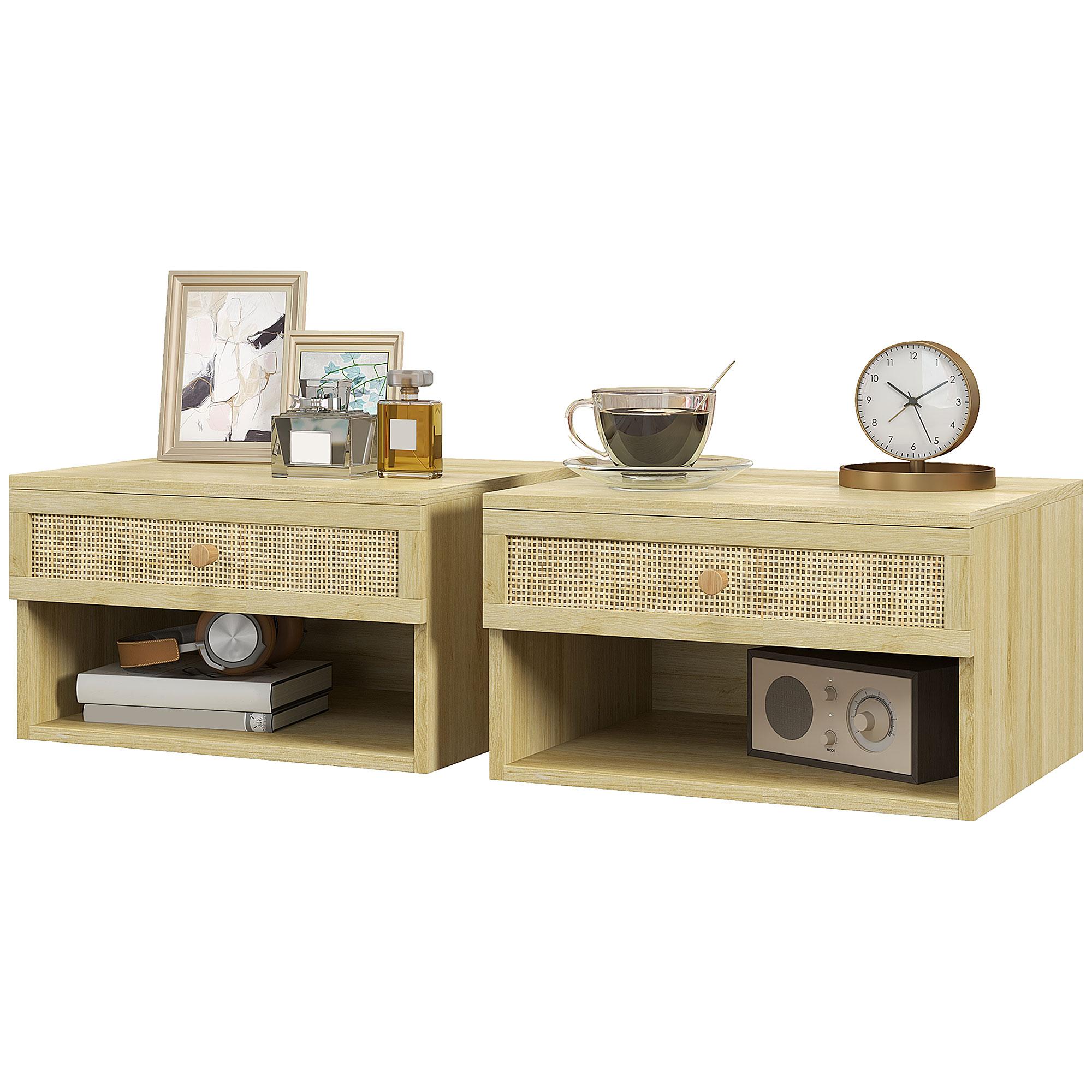 Natural Wood Floating Nightstands Set of 2 with Storage