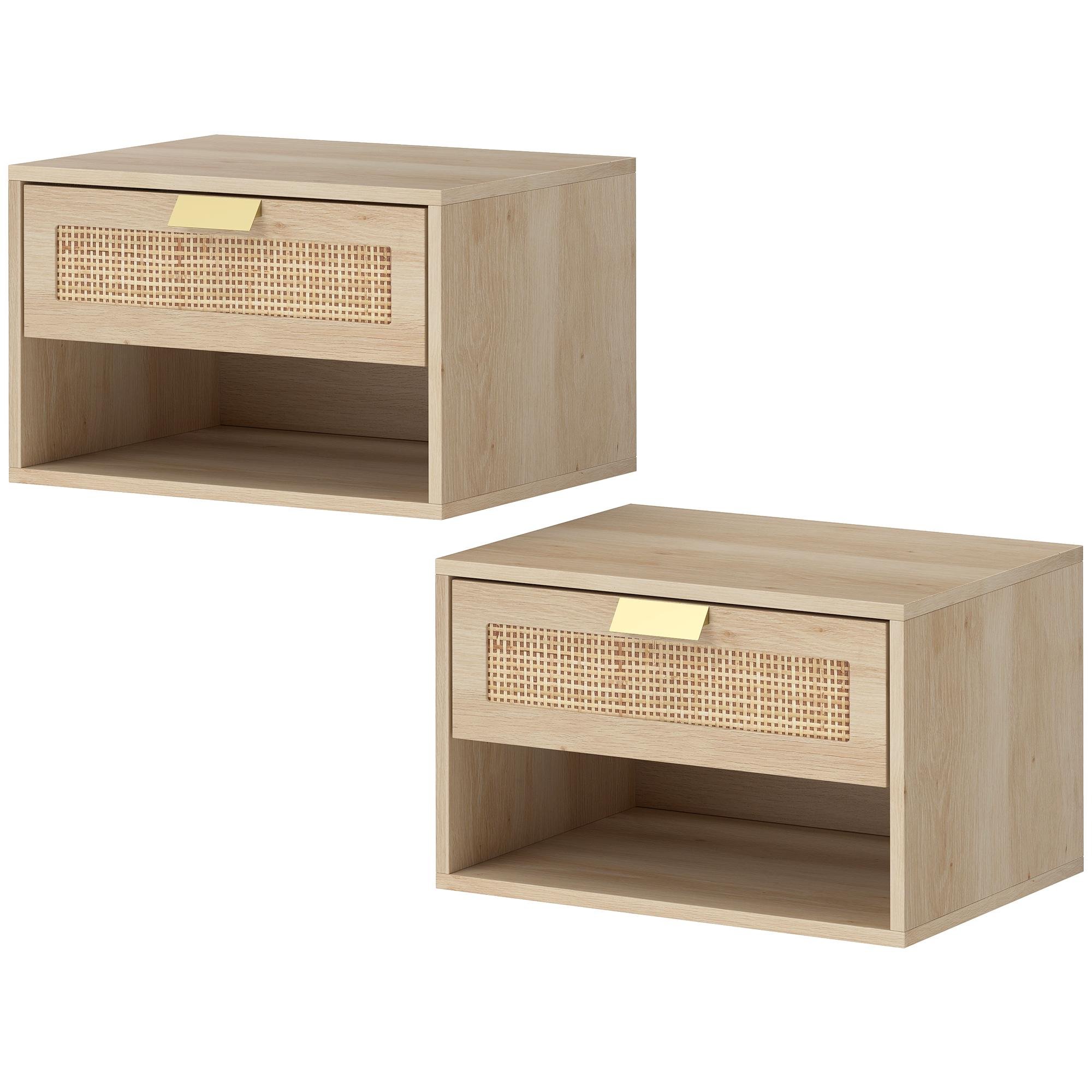Oak Rattan Floating Nightstands with Drawer, 2-Piece Set