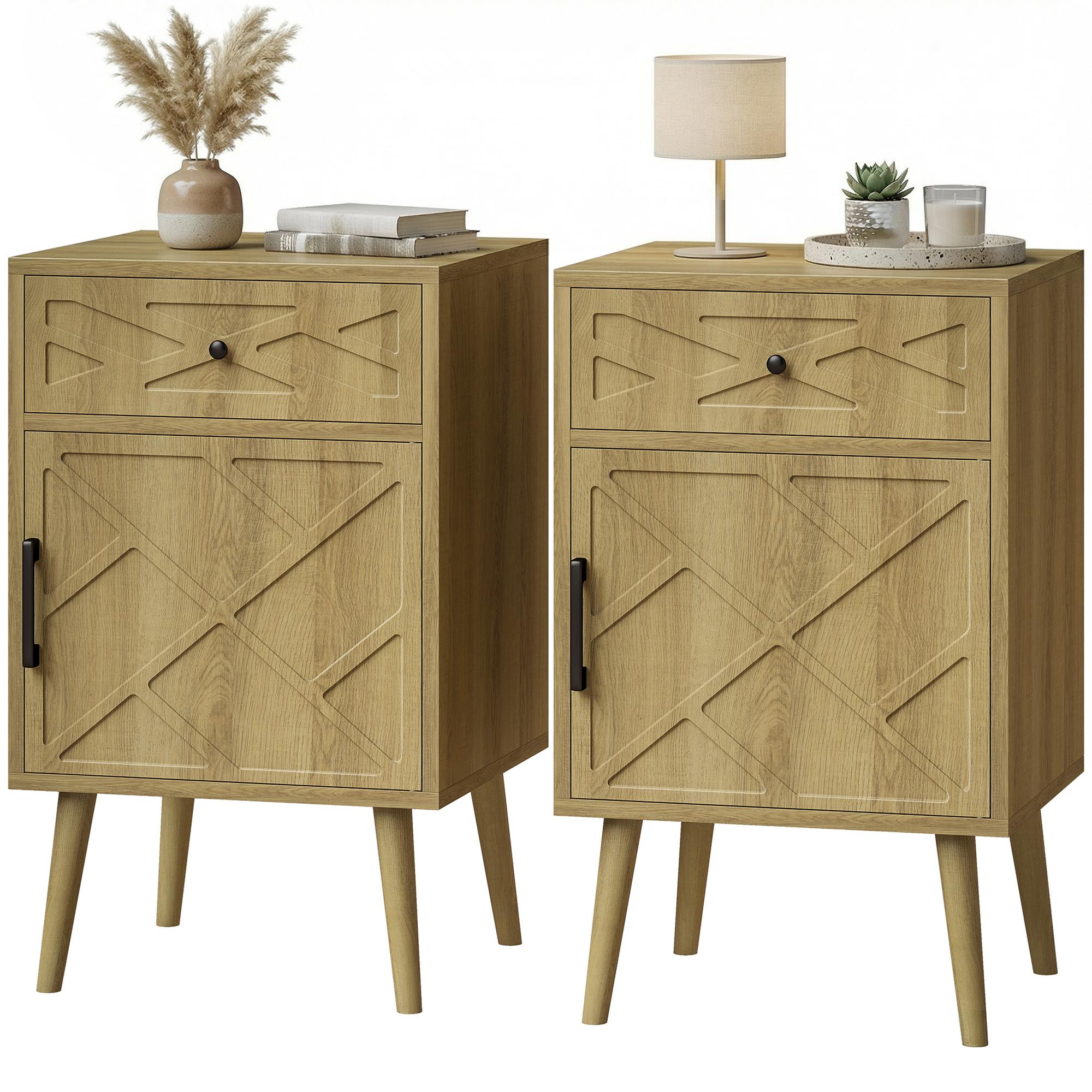 Oak Geometric Nightstand Set with Drawer and Cabinet