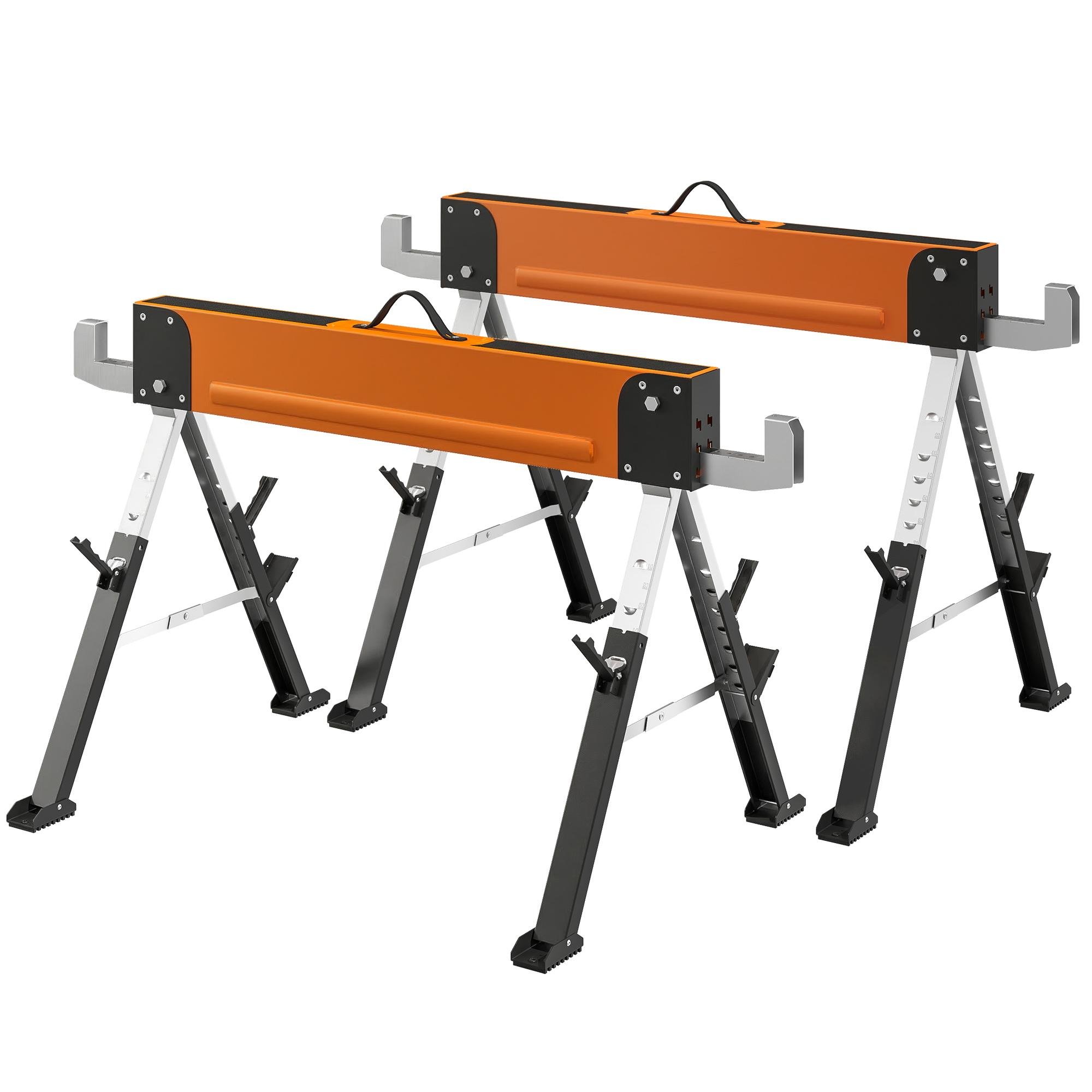 Orange Adjustable Metal Sawhorses, Folding 2-Pack for DIY Projects