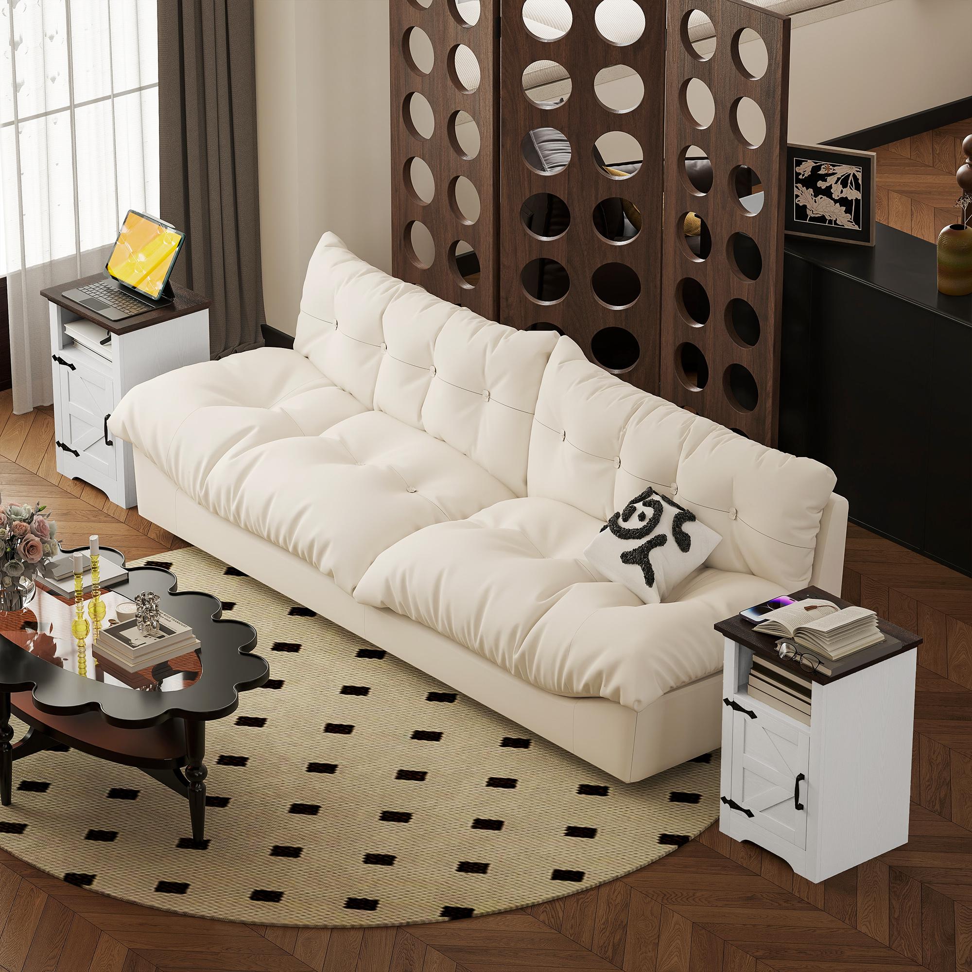 White Charging Nightstand Set with Barn Door Storage