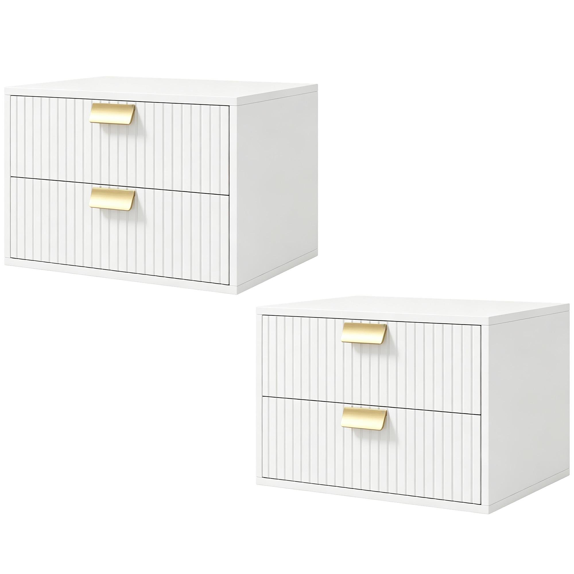 White Wave Panel Nightstands, Floating 2-Drawer Set