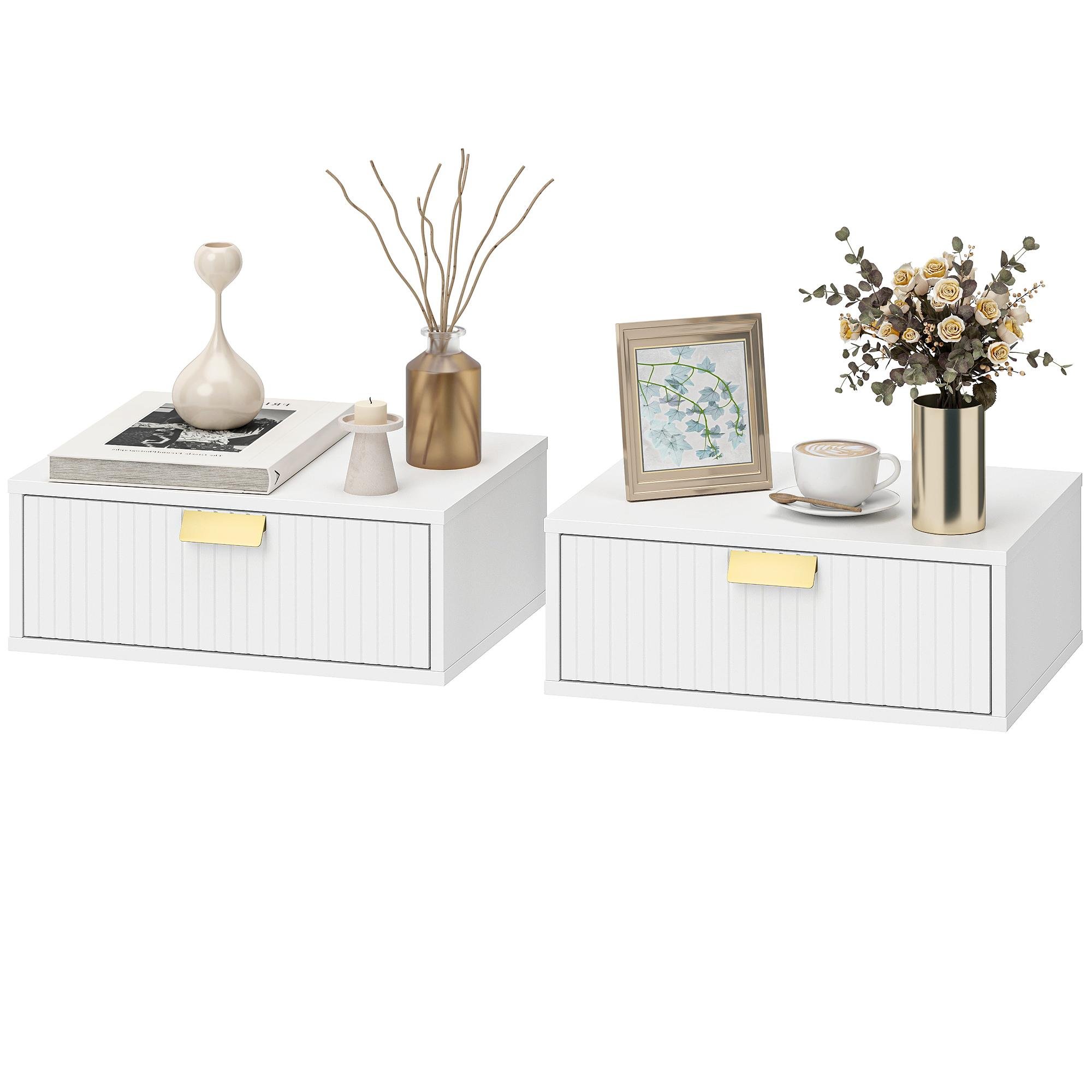 White Wave Drawer Nightstands, Floating Set of 2