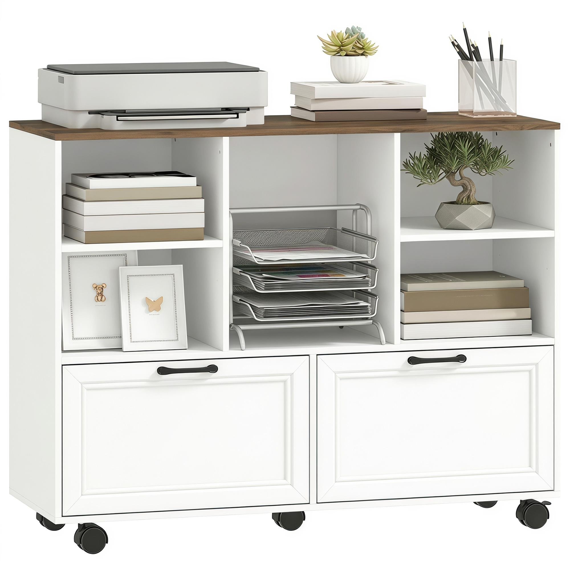 Walnut White Mobile File Cabinet with Adjustable Rails