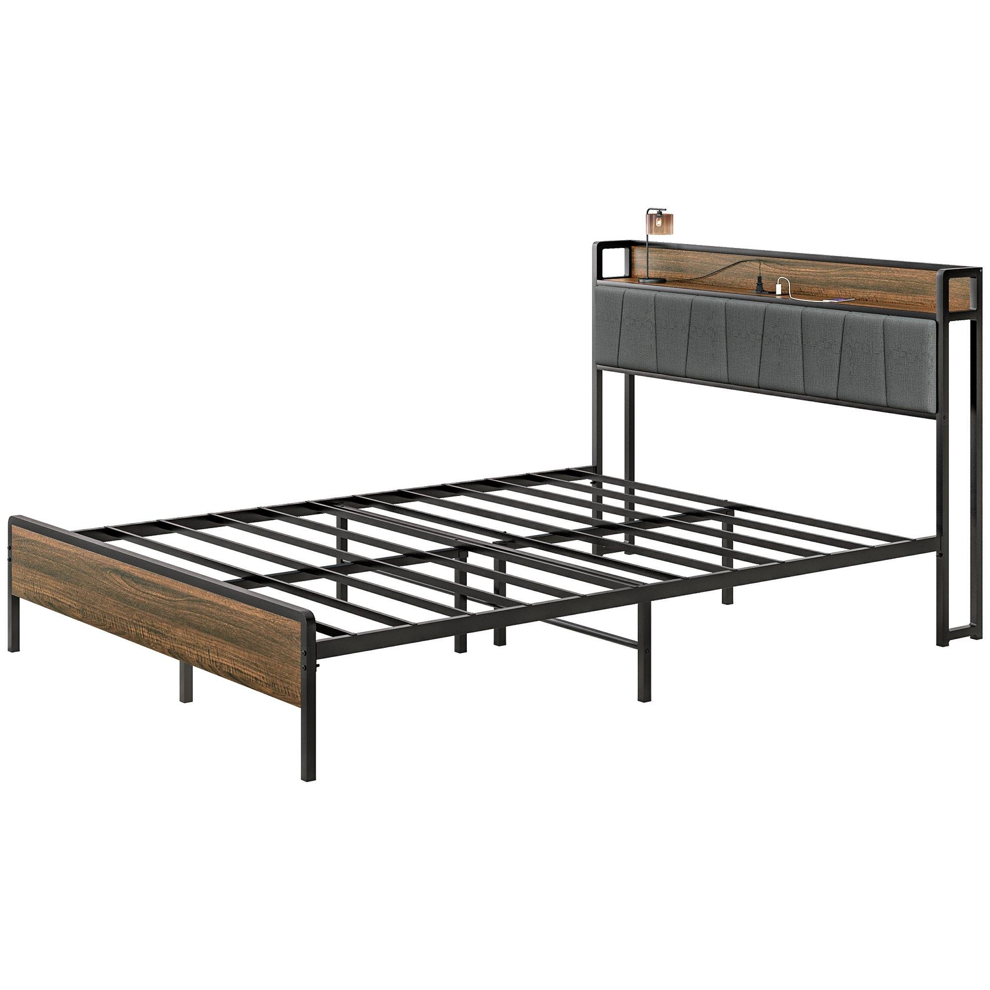 Walnut Queen Metal Bed Frame with Charging Station and Shelf