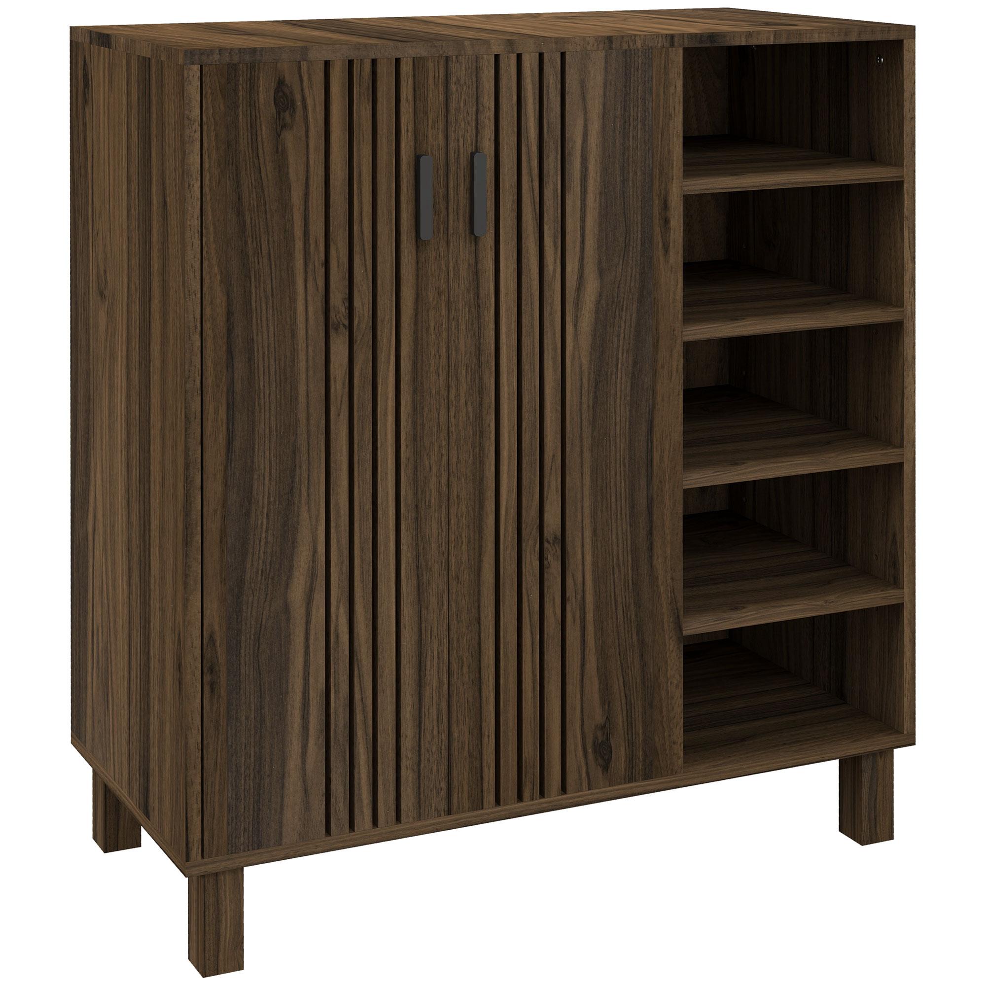 Walnut 17 Pair Shoe Cabinet with Open Shelves