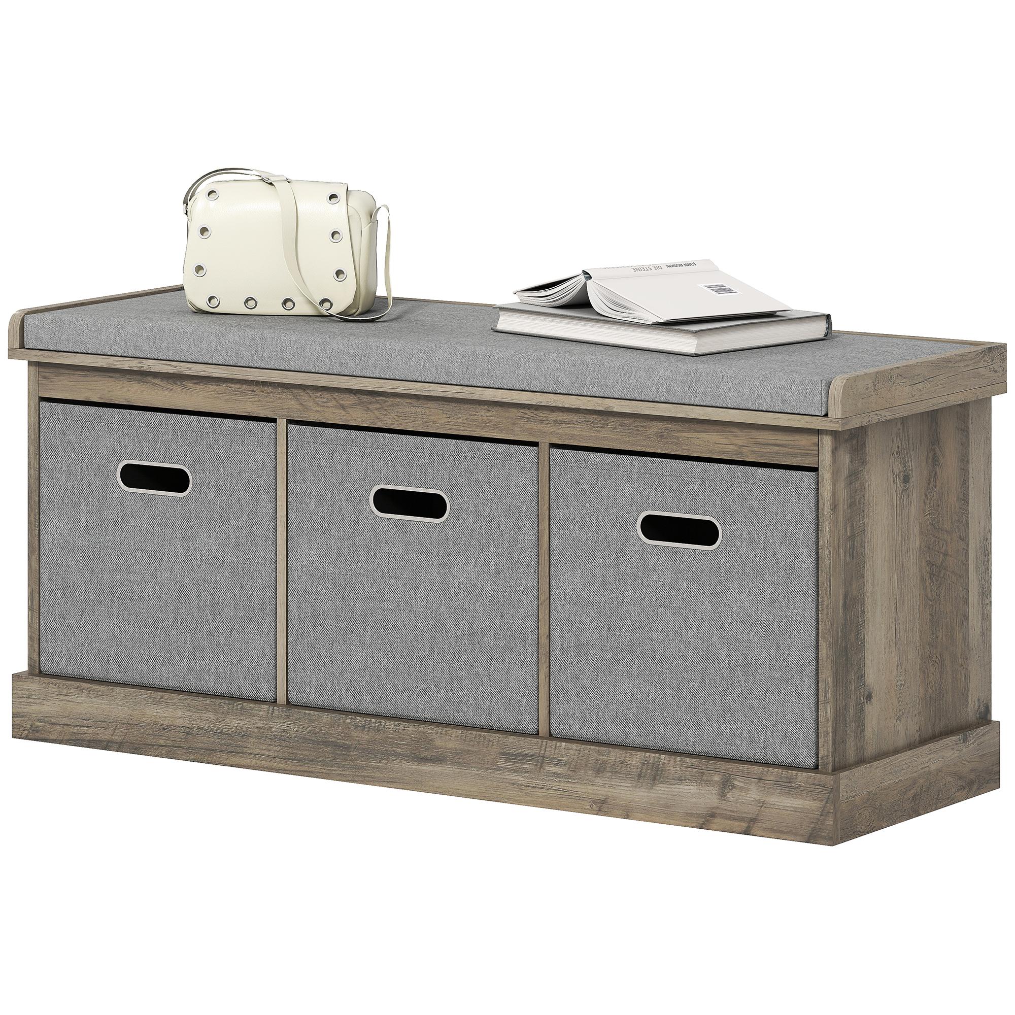 Washed Grey Fabric Drawer Bench with Cushioned Seat