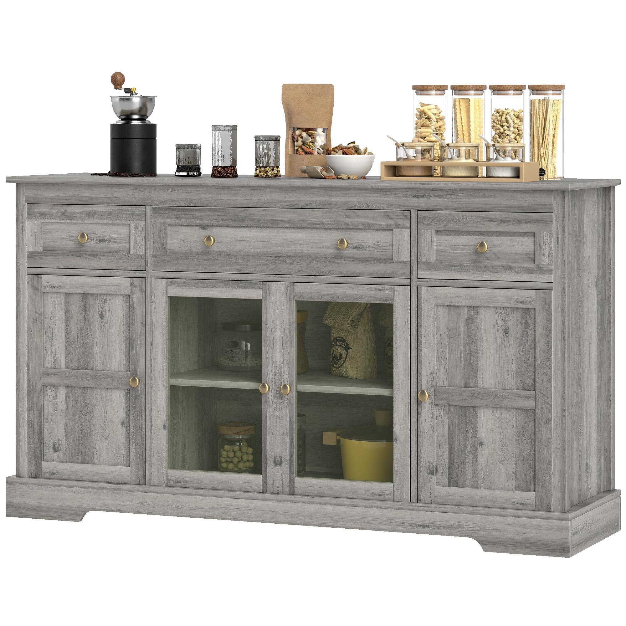 Weathered Grey Oak Bar Cabinet with Glass Doors