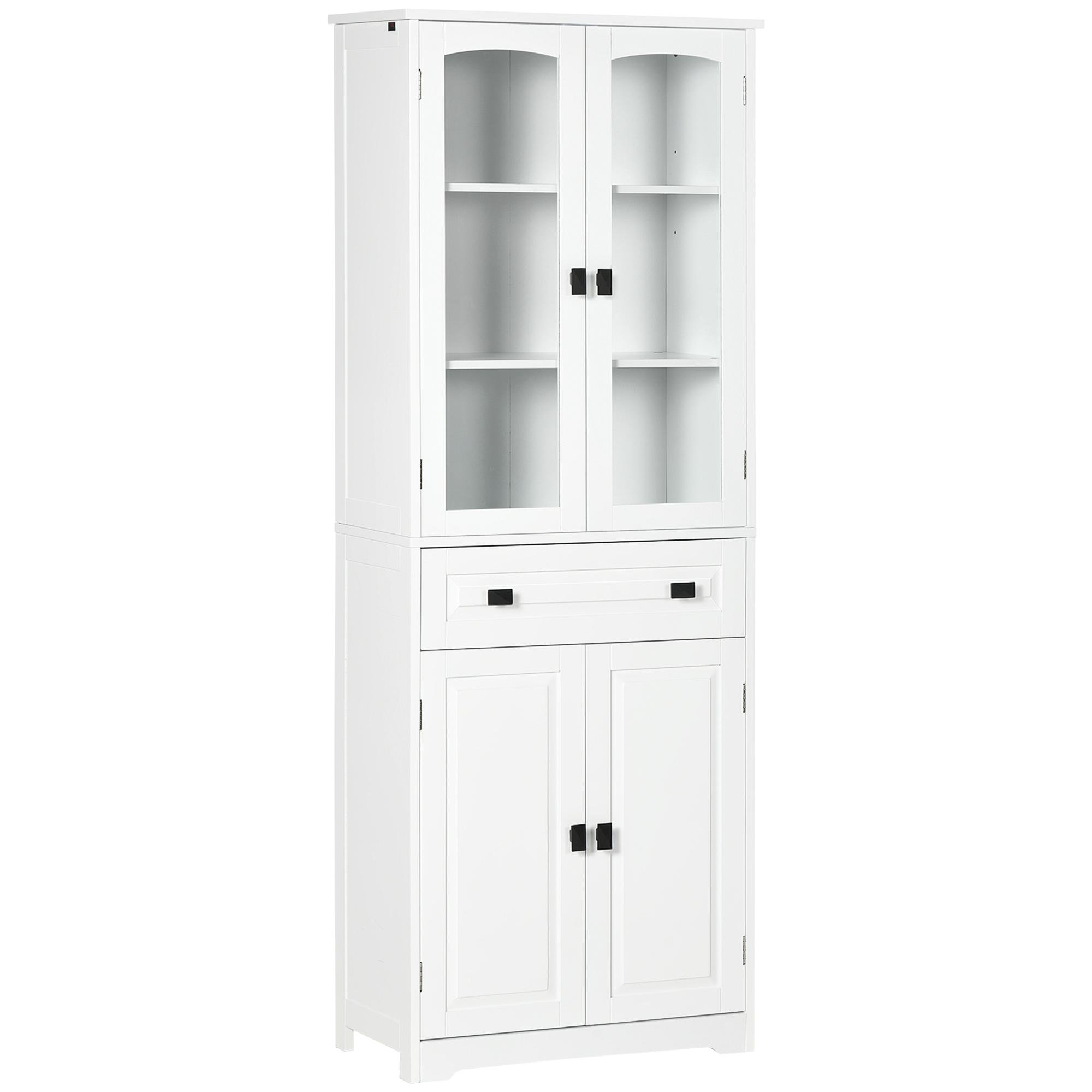 White 63 Inch Pantry Cabinet with Glass Doors and Drawer
