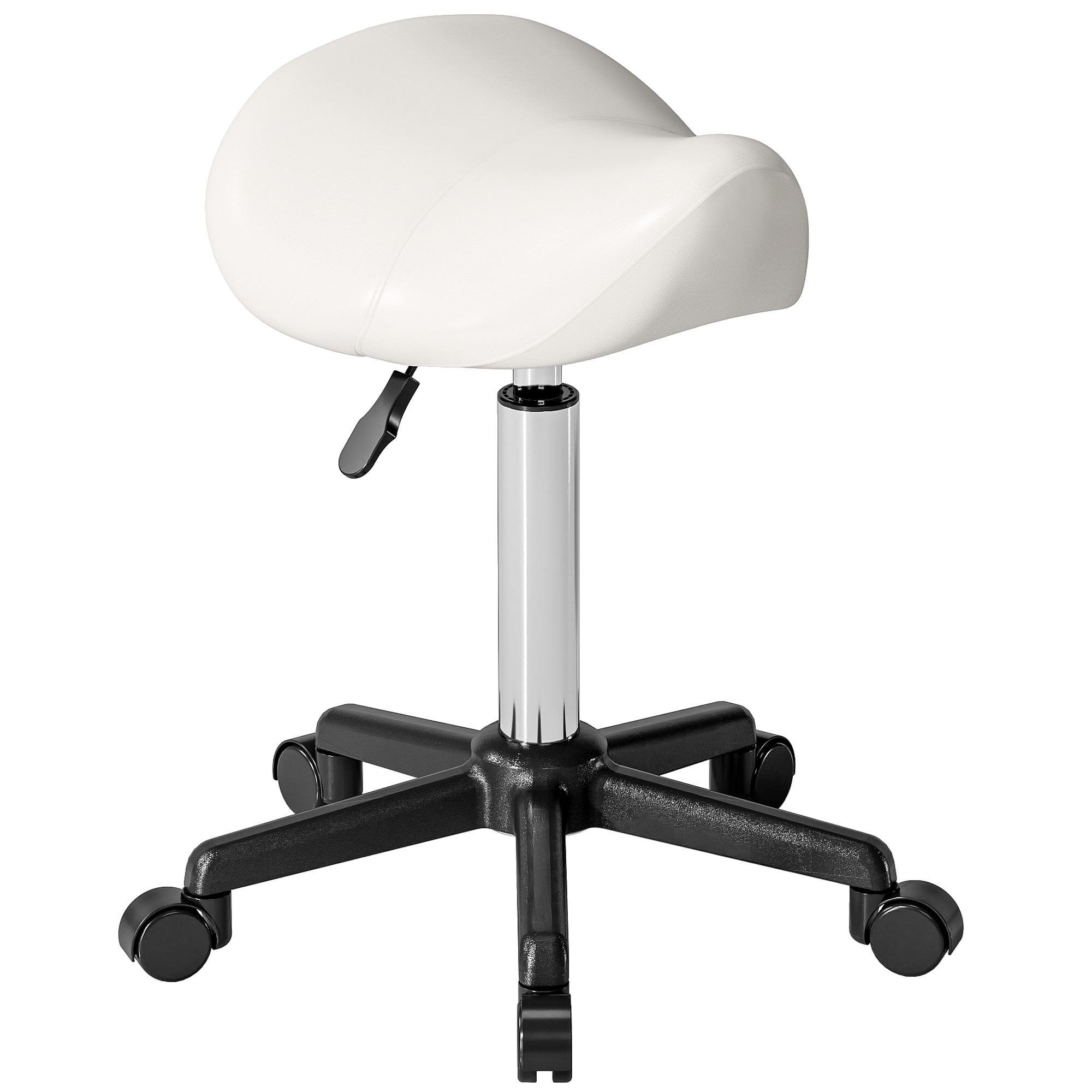 White Adjustable Saddle Stool with Padded PU Seat for Salons