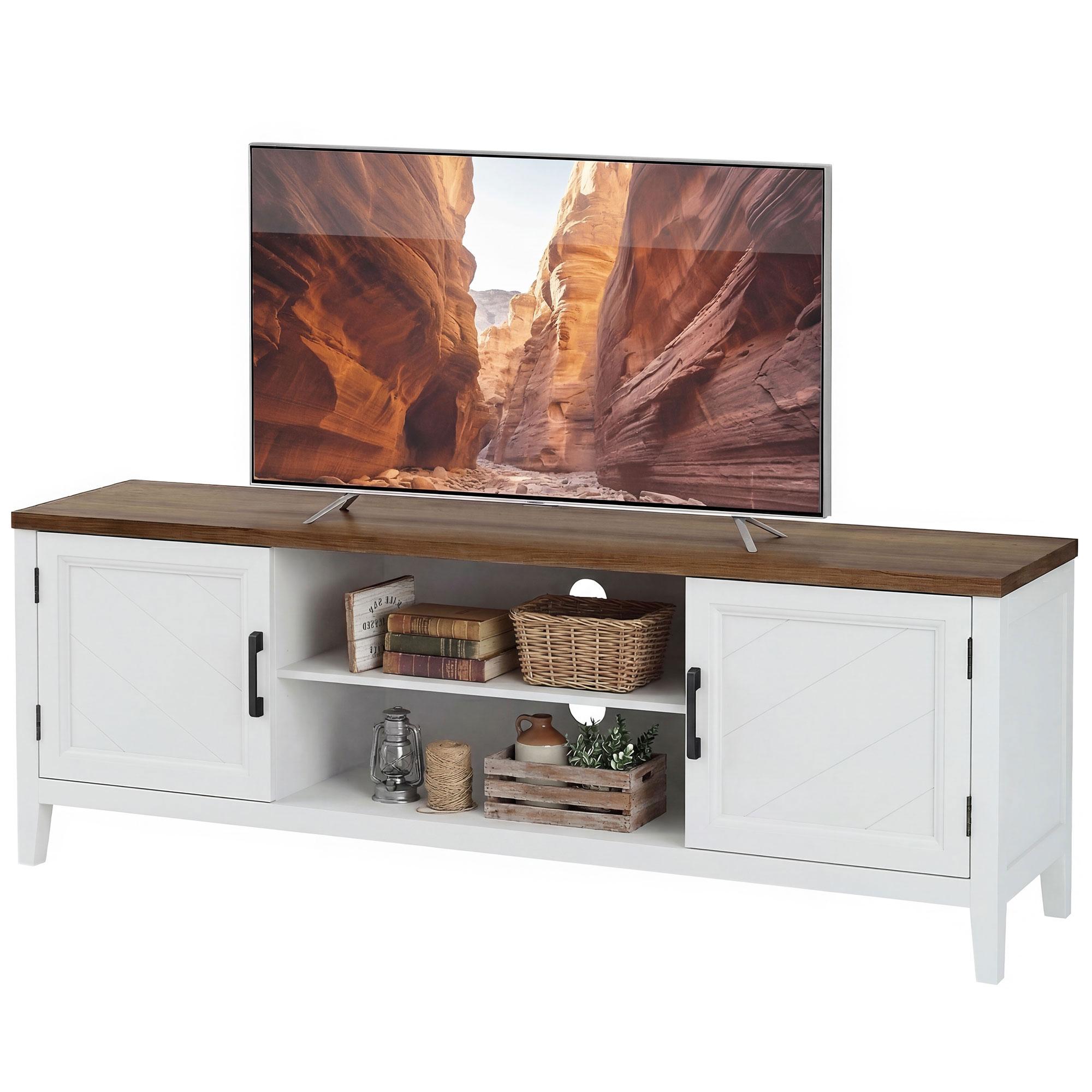 White Brown Farmhouse TV Stand with Storage for TVs up to 65 Inch