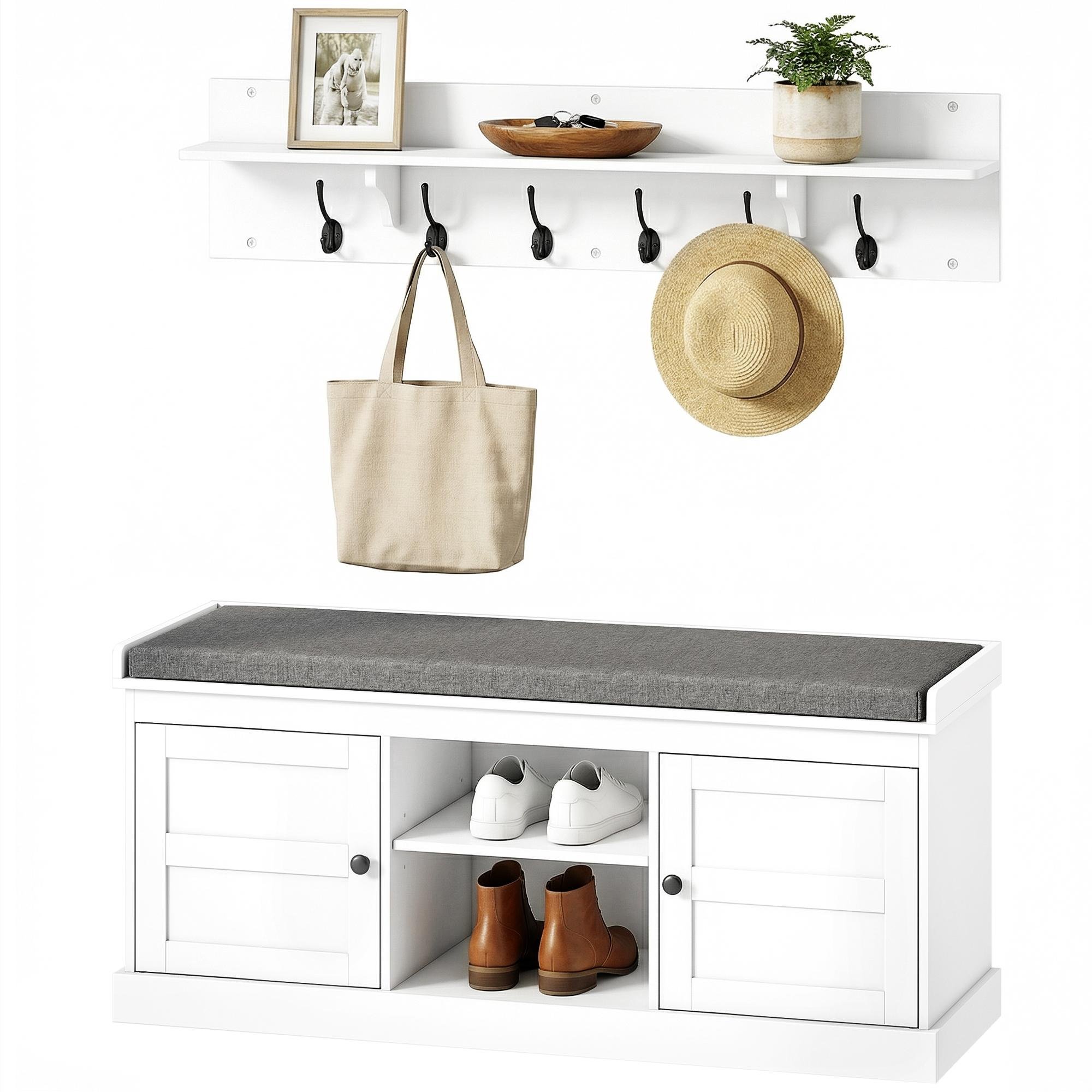 White Grey Entryway Shoe Bench with Six Hooks