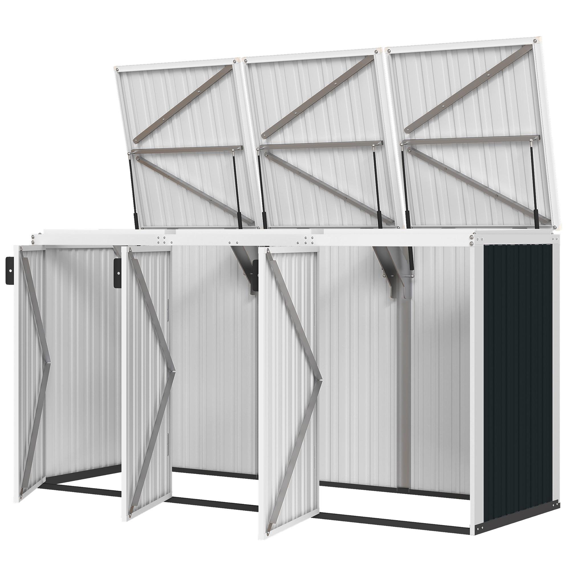 White Grey Three Bin Shed with Gas Strut Lids