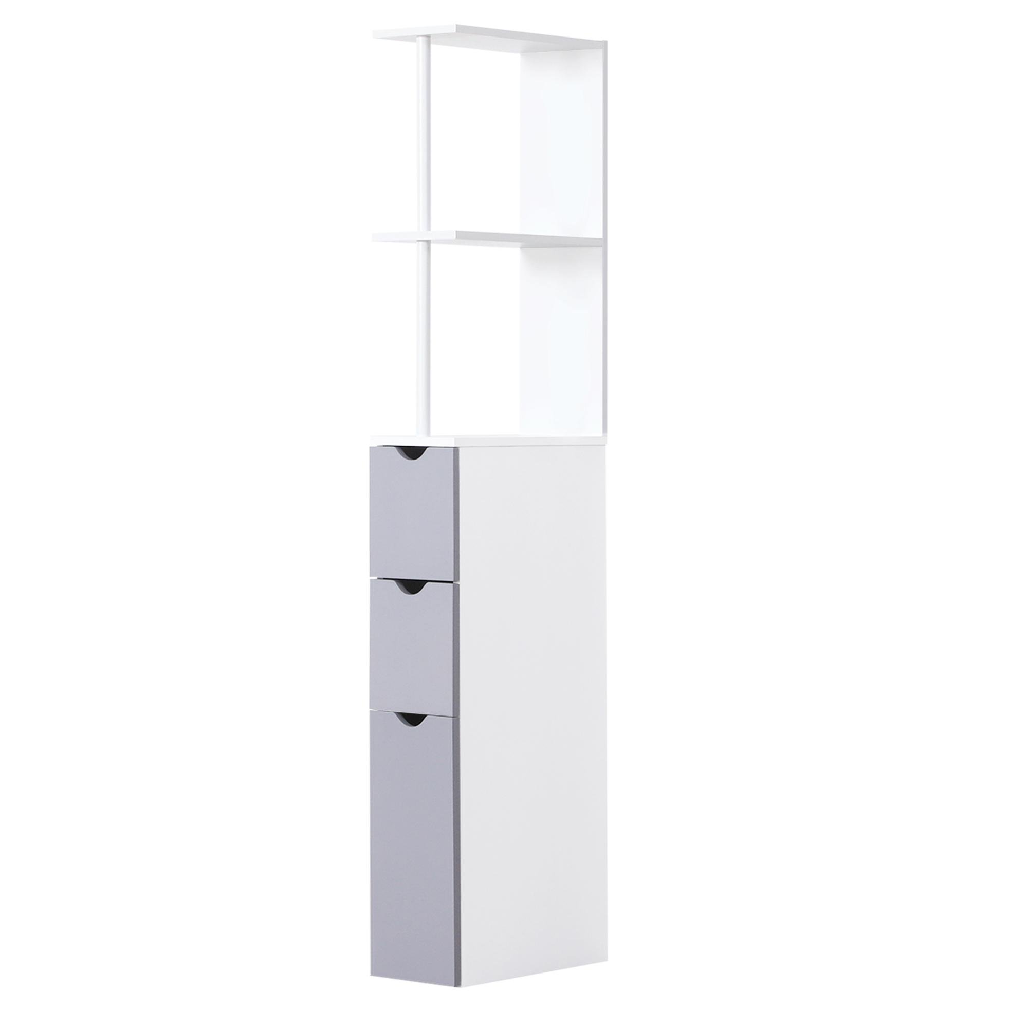 Grey Slim Bathroom Cabinet with Open Shelves and Drawers