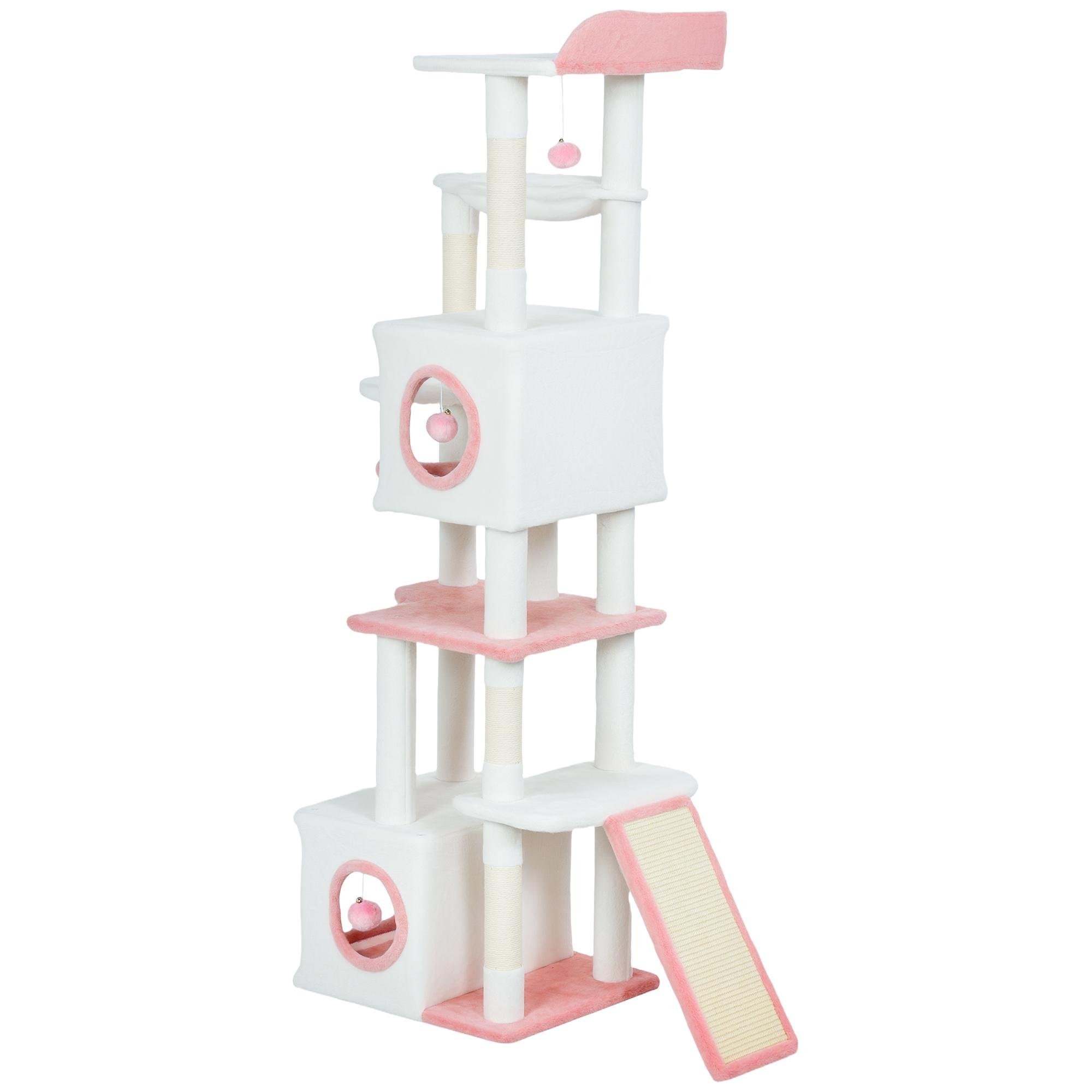 65 Inch White Cat Tower with Two Condos