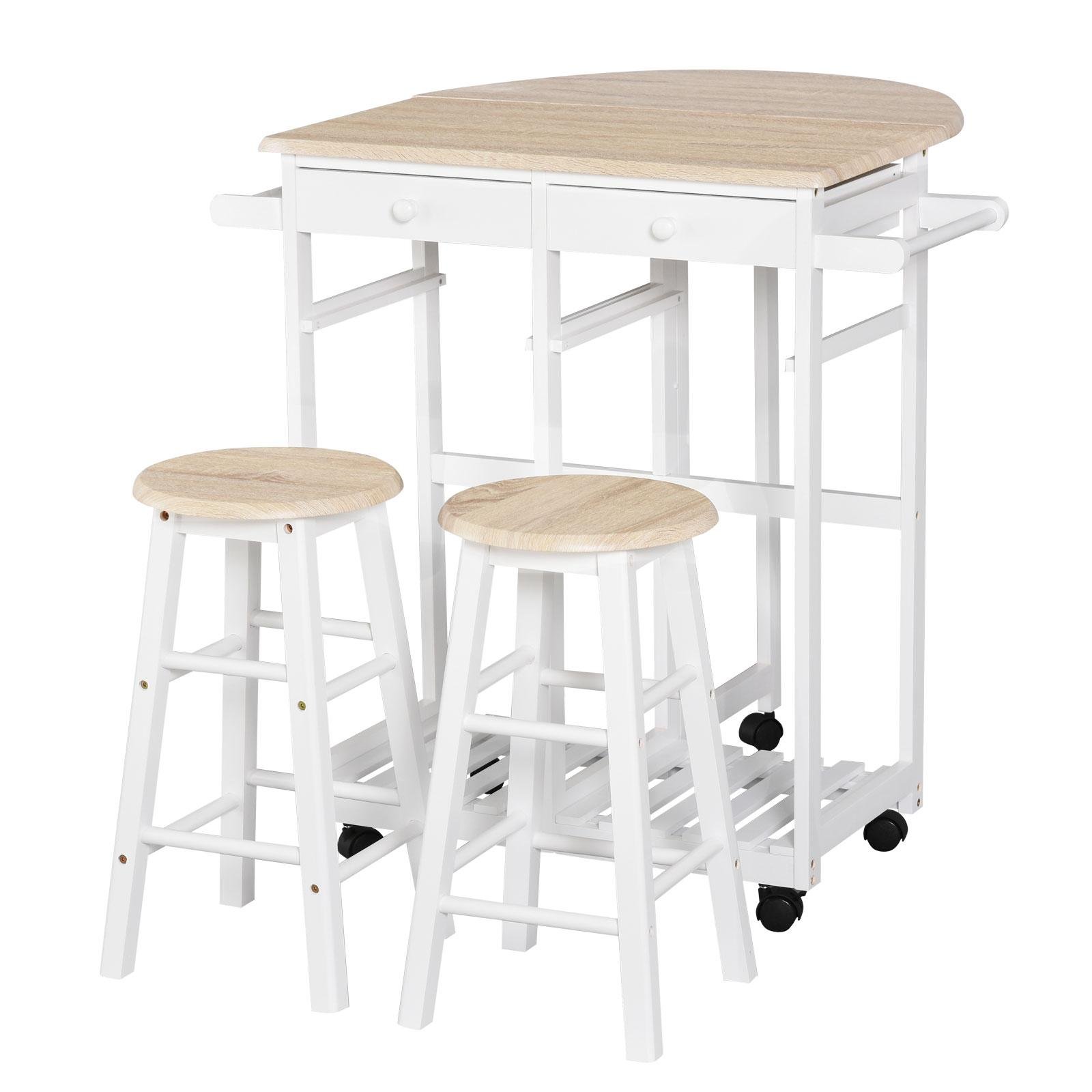 White Drop Leaf Bar Set with Rolling Cart and 2 Stools