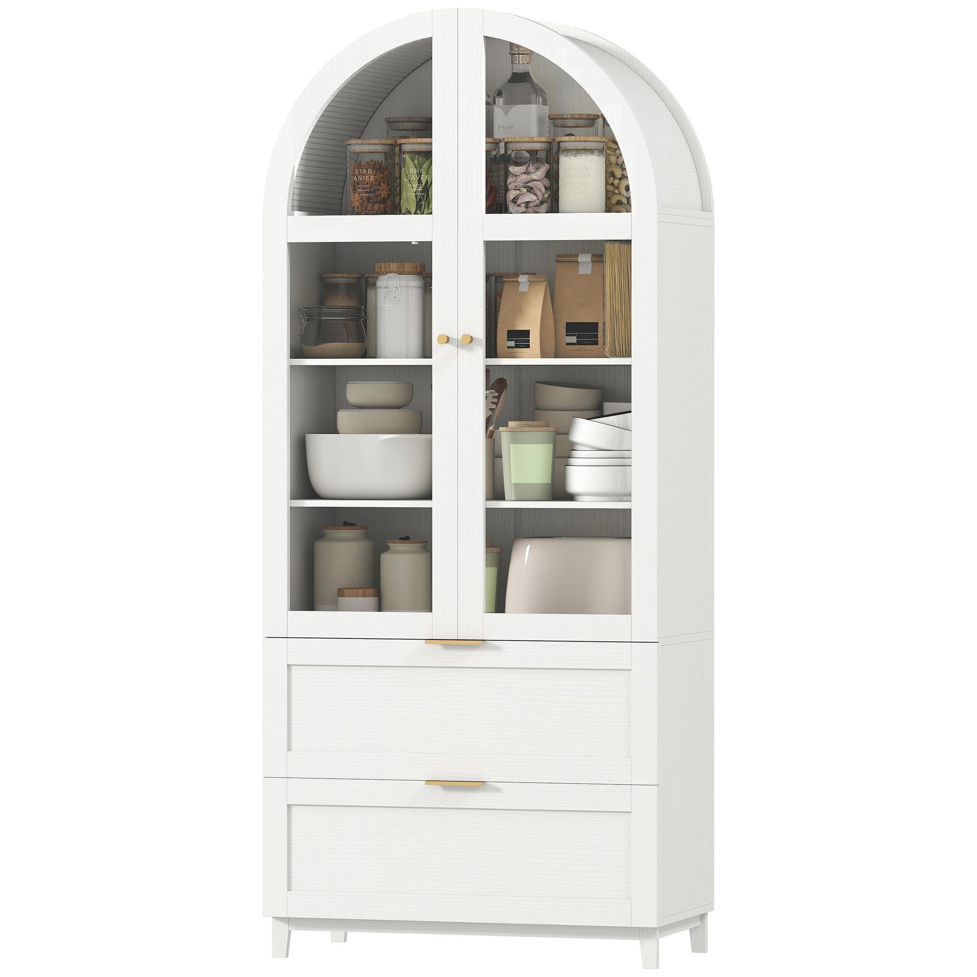 white 70.9 inch arched pantry with acrylic doors
