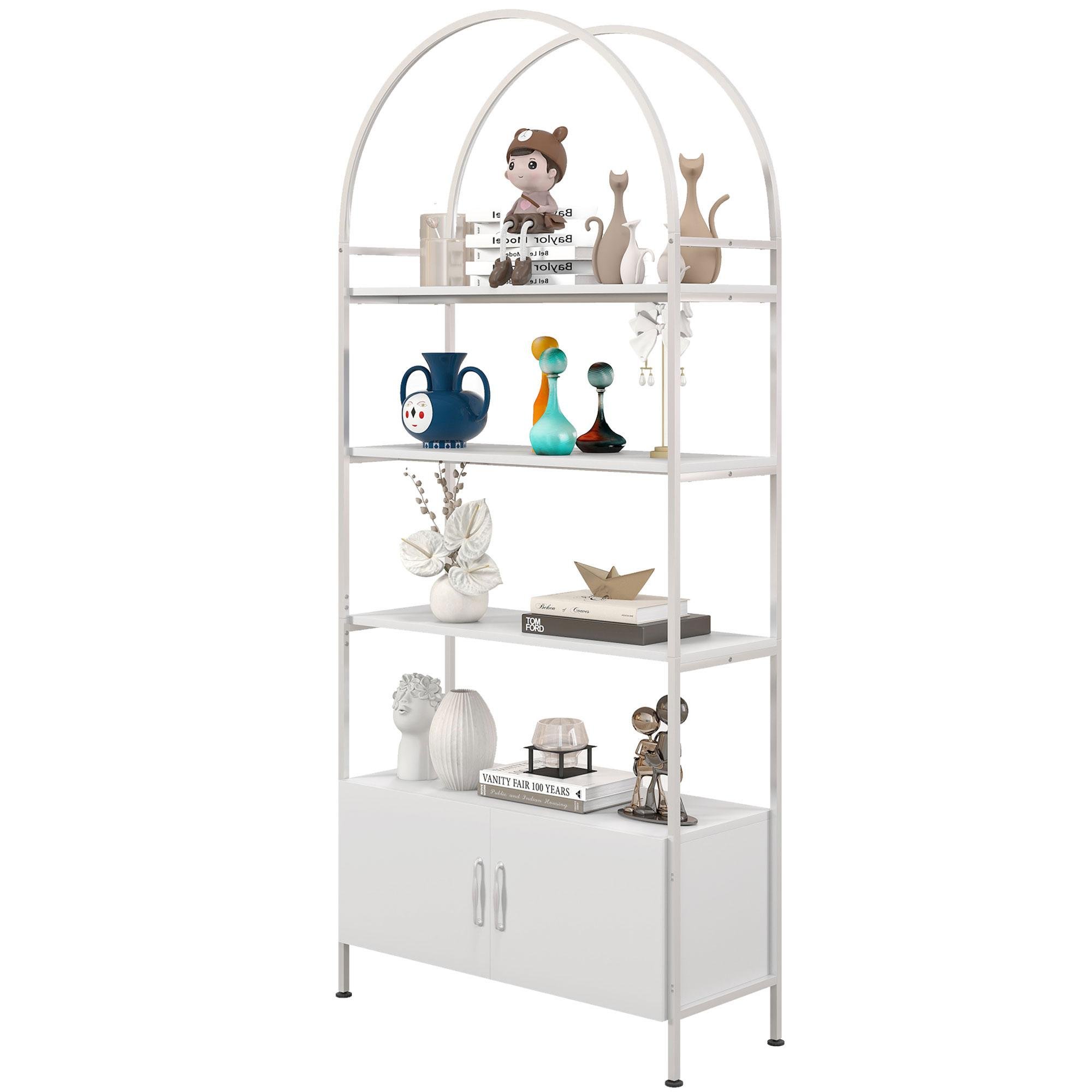 White Arched Shelving Unit with Cabinet, 4-Tier Storage