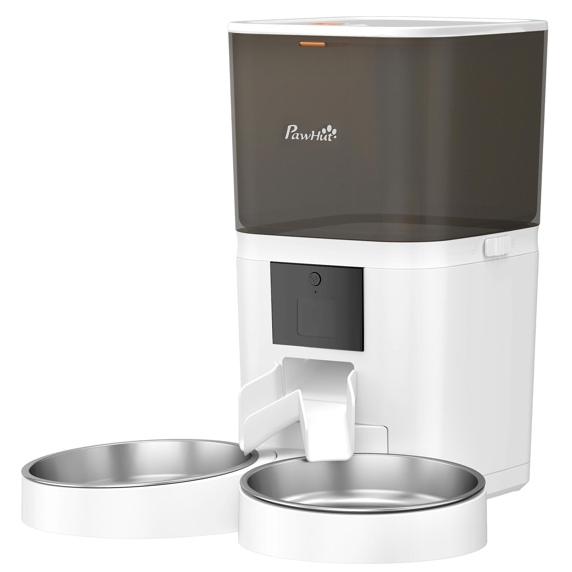 White Dual Bowl Cat Feeder with App Control for Two Cats