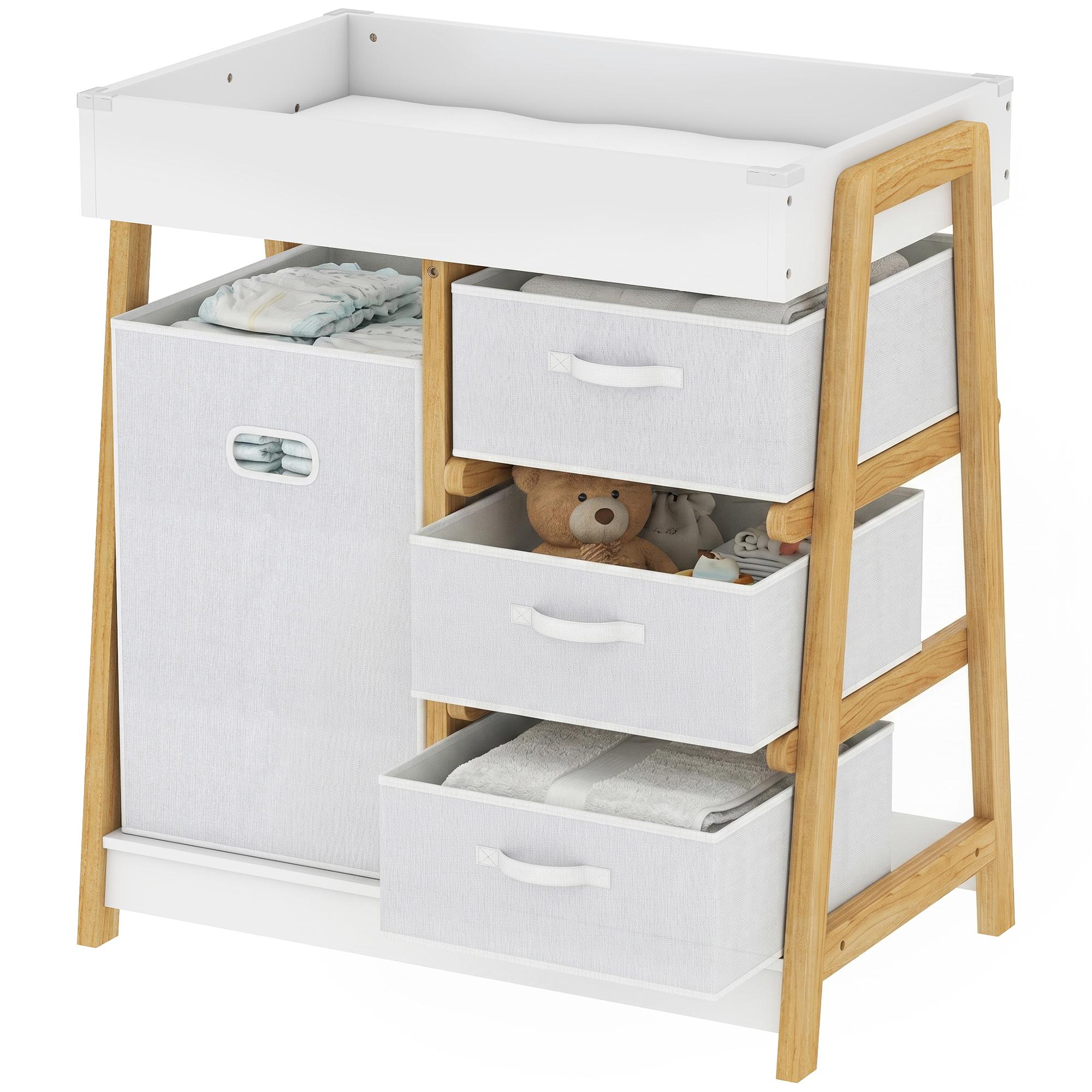 White Pine Baby Changing Table with 3 Drawers and Basket