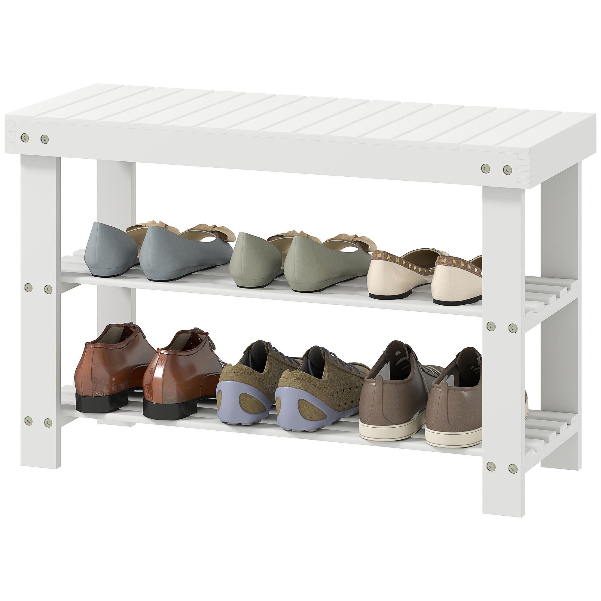 White Bamboo Shoe Bench with Two Shelves for Entryways