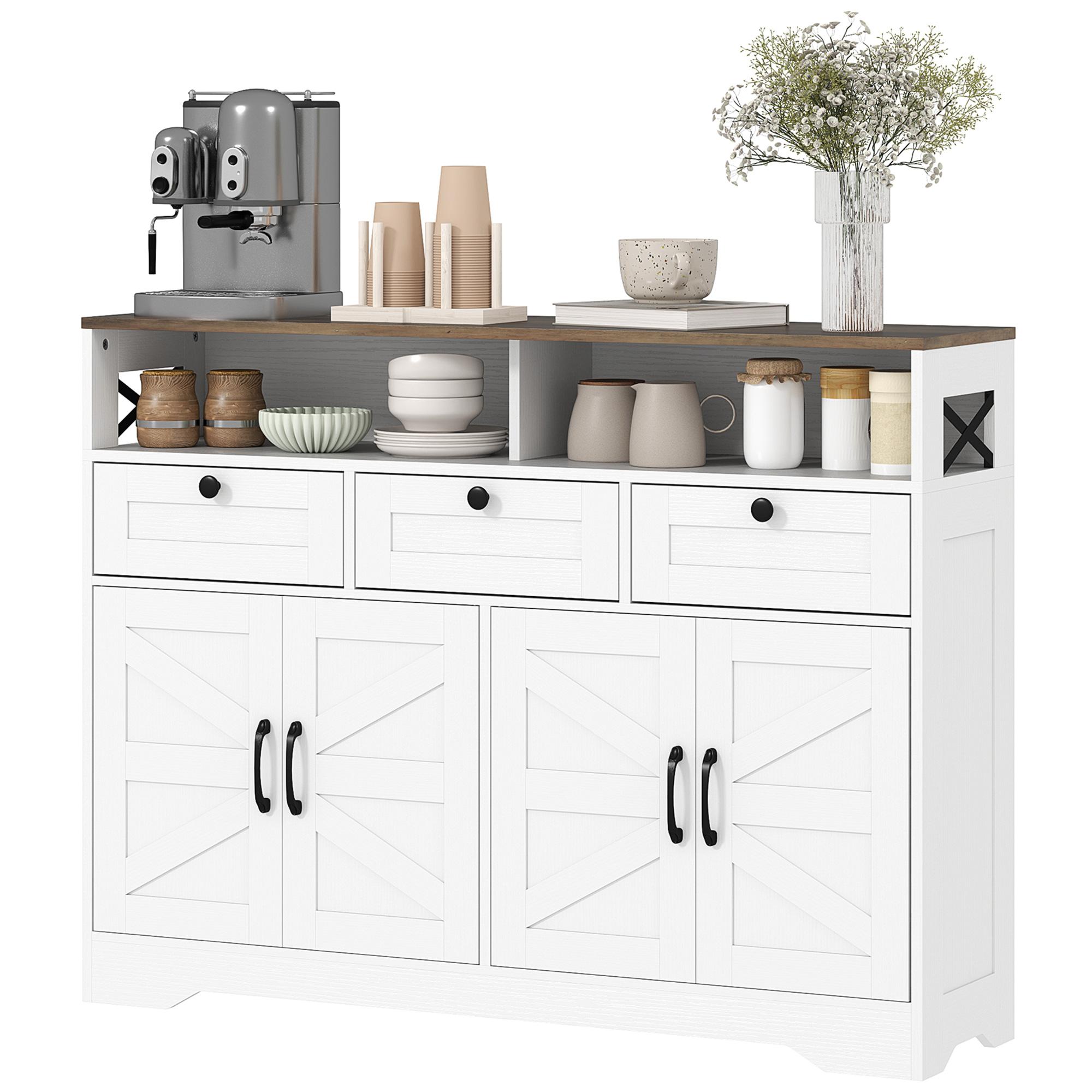White Farmhouse Buffet Cabinet with Drawers and Shelves