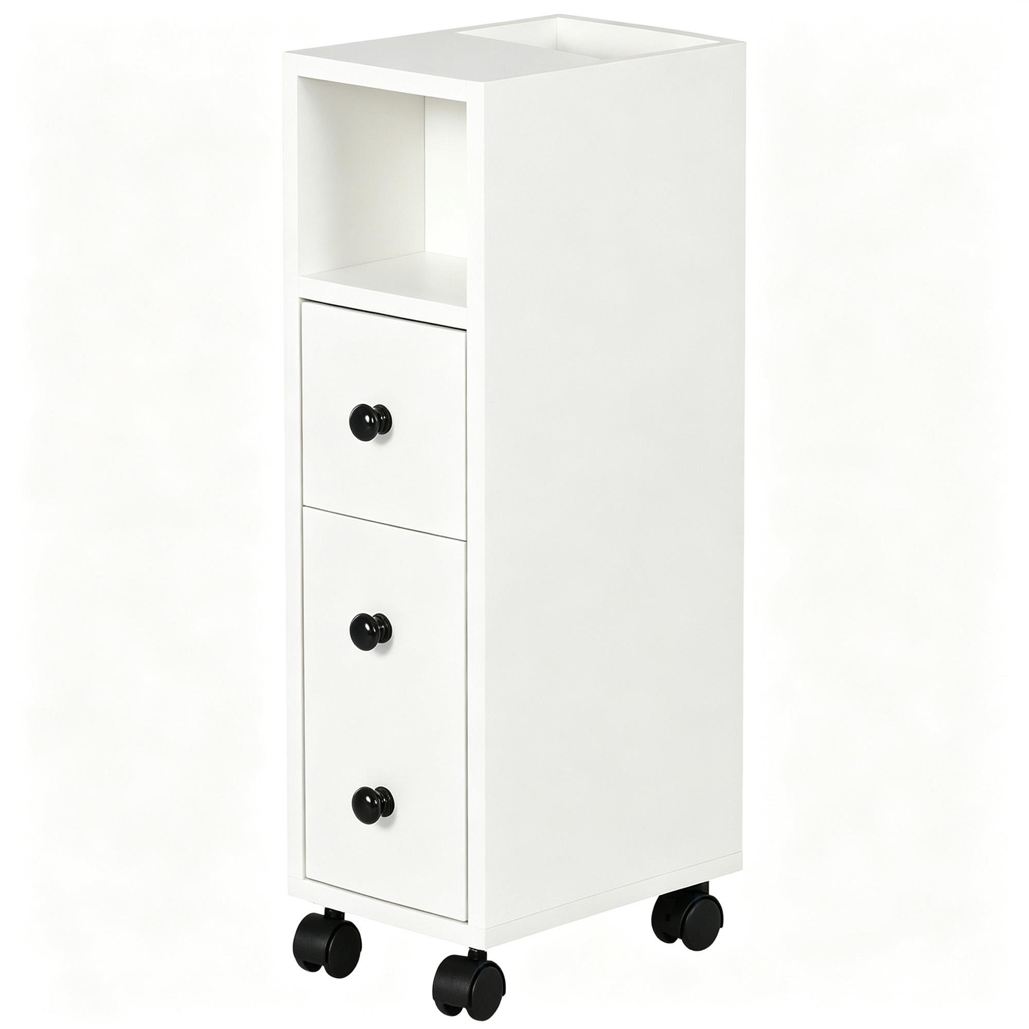 White Wheeled Bathroom Cabinet with Open Storage, 27 in