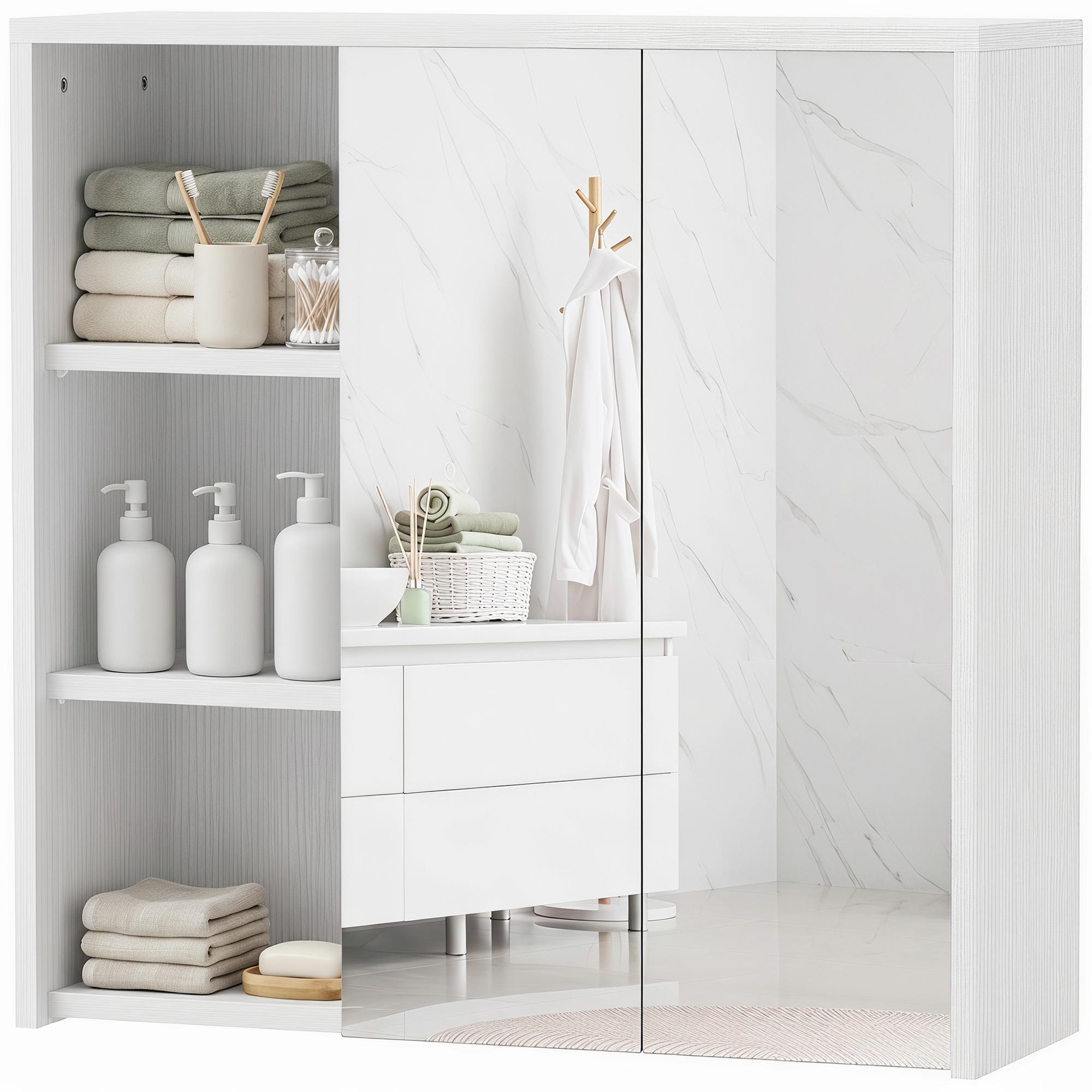 White Wood Grain Mirror Cabinet with Open Shelves, 60 cm
