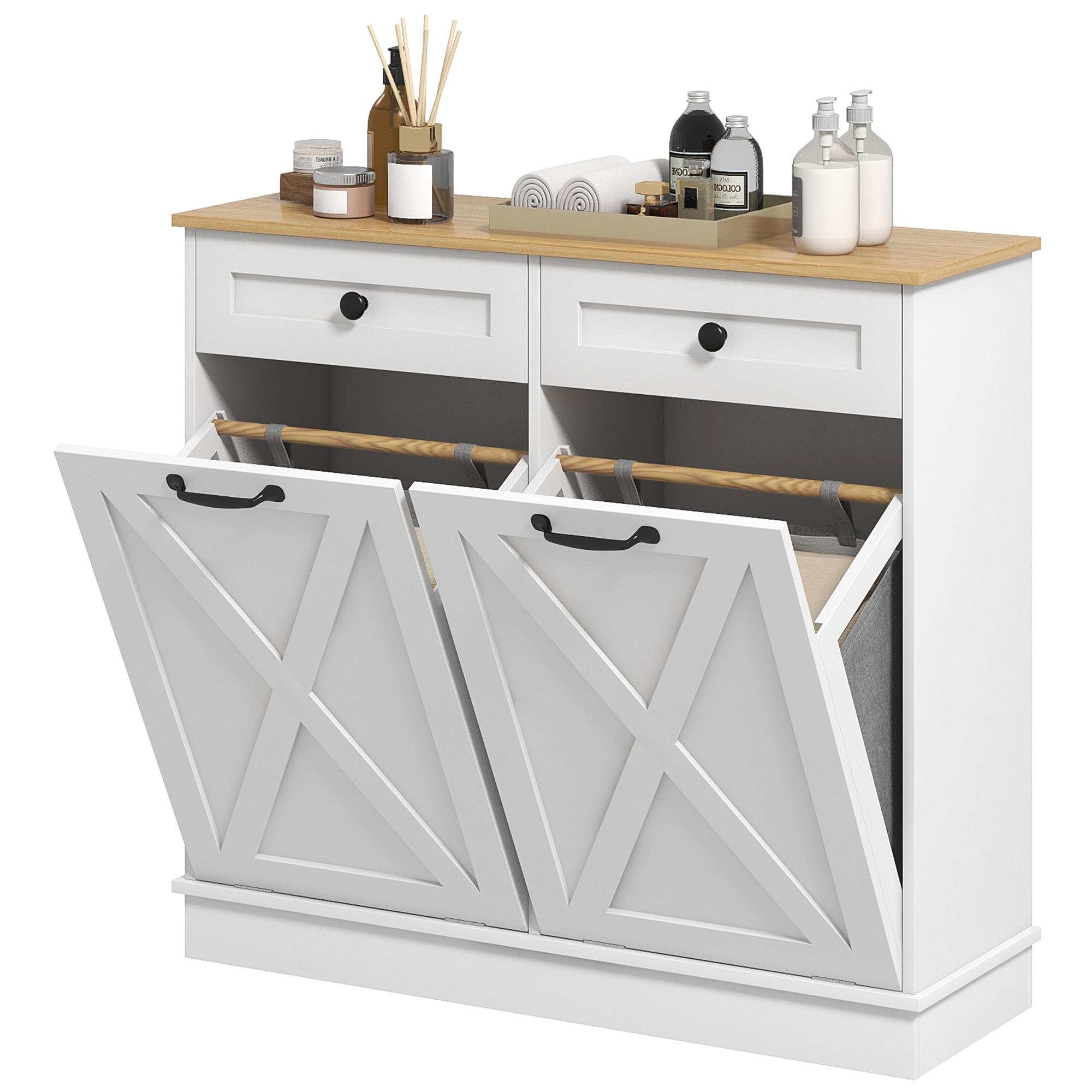 White MDF Laundry Hamper Cabinet with Two Removable Baskets