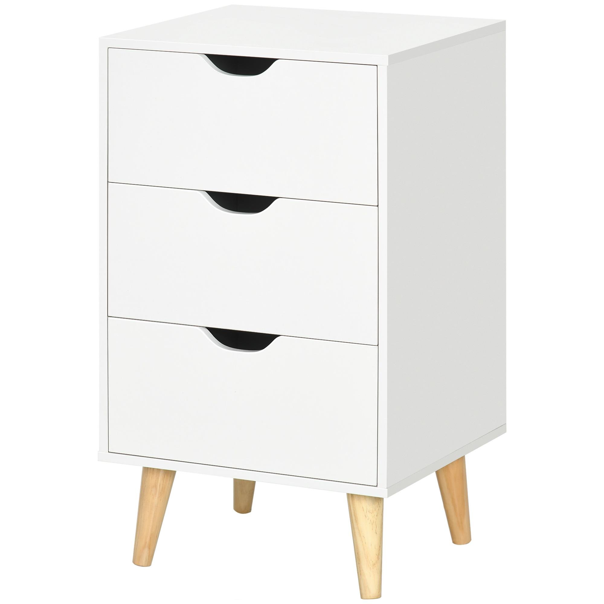 White Three Drawer Bedside Cabinet with Wood Legs, 15.7 x 13.8 x 27 in