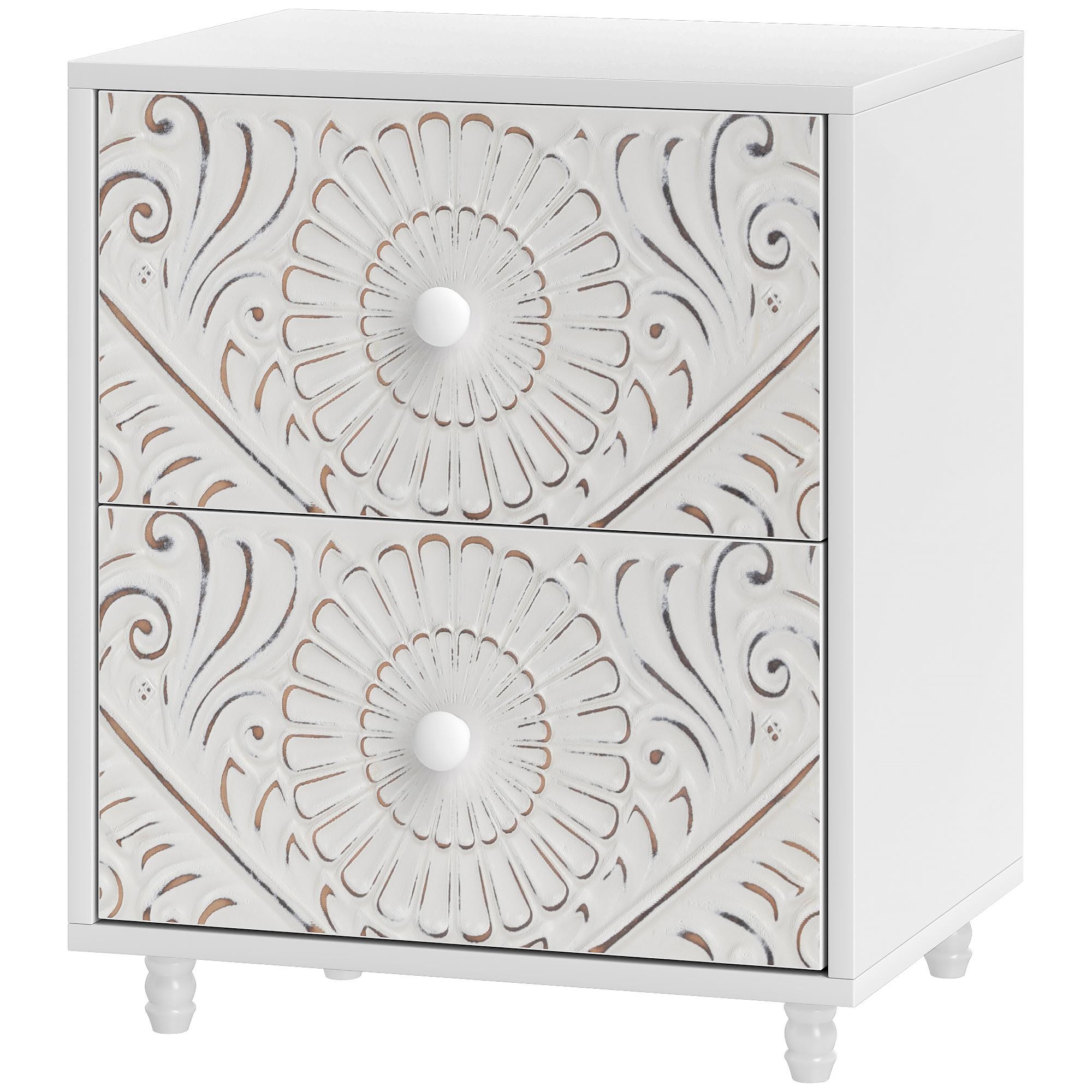 White Carved Bedside Table with Two Drawers, 18-inch
