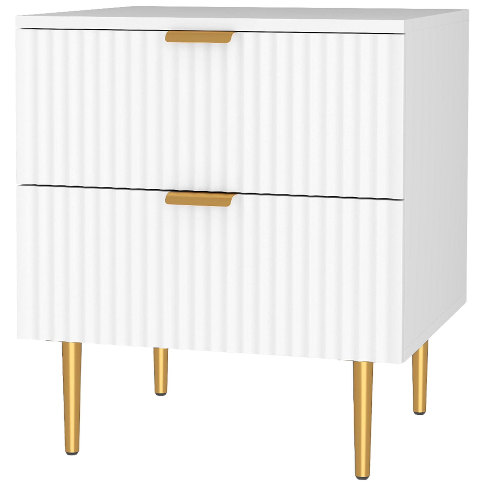 White Fluted Gold Pull Nightstand with Two Drawers