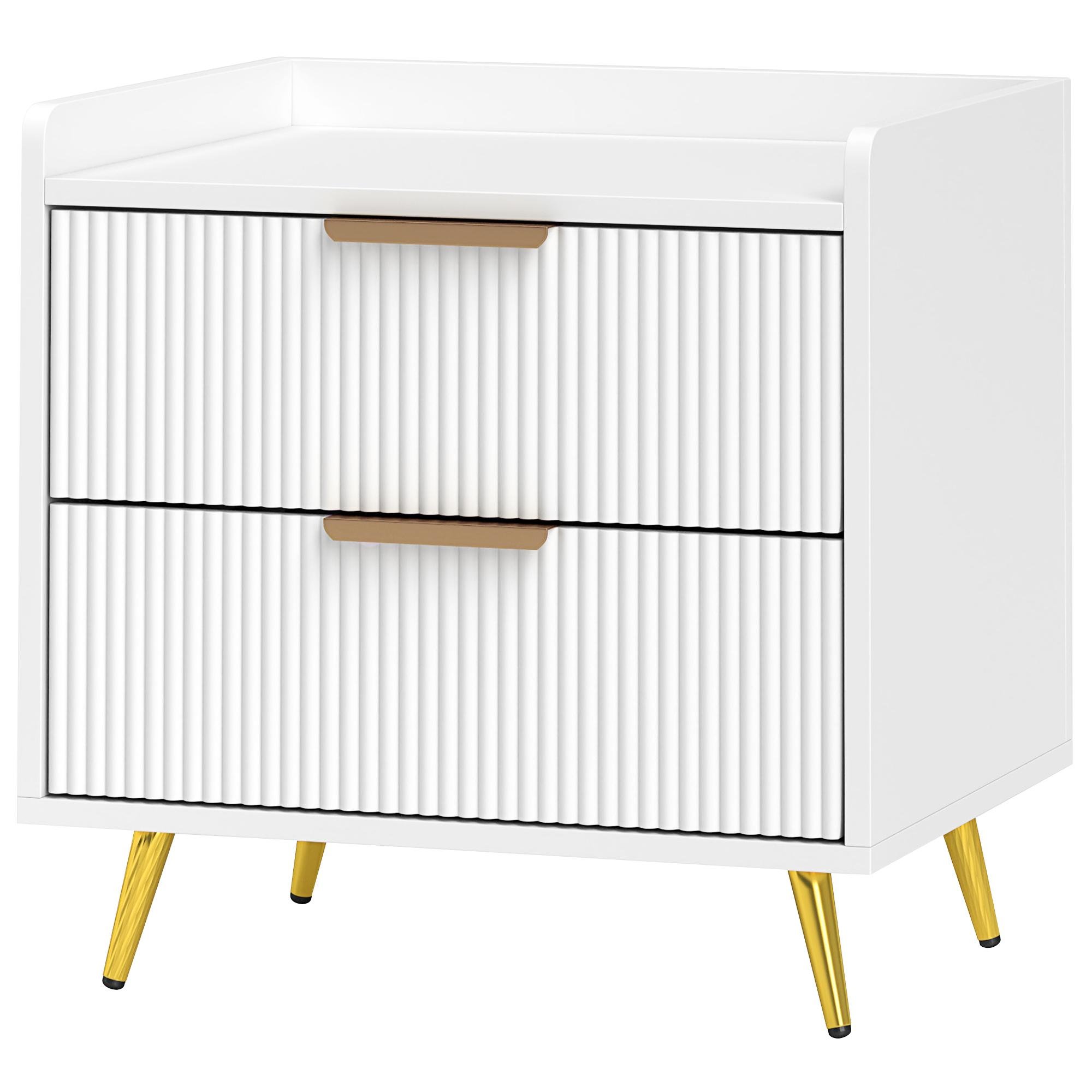 White Fluted Nightstand Drawers with Gold Legs, 19.7 in