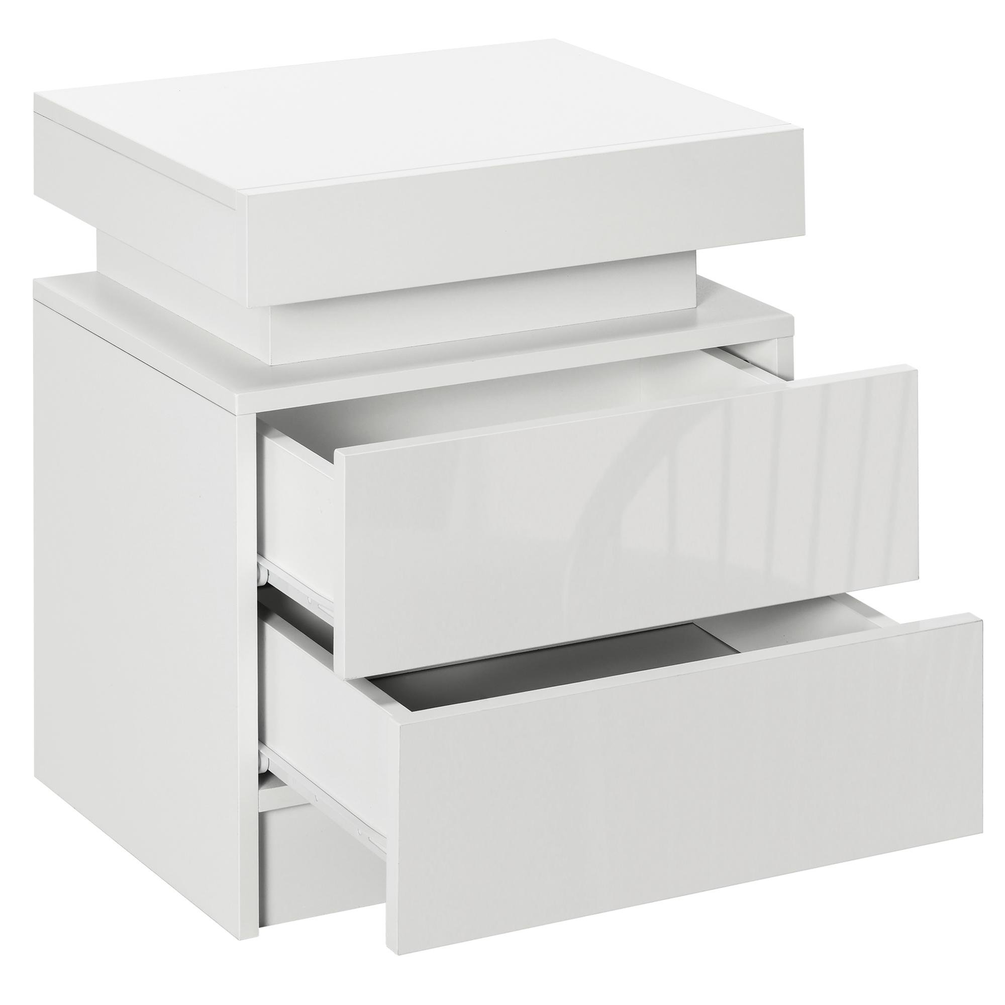 White LED Bedside Table with Two Drawers, 17.7 in