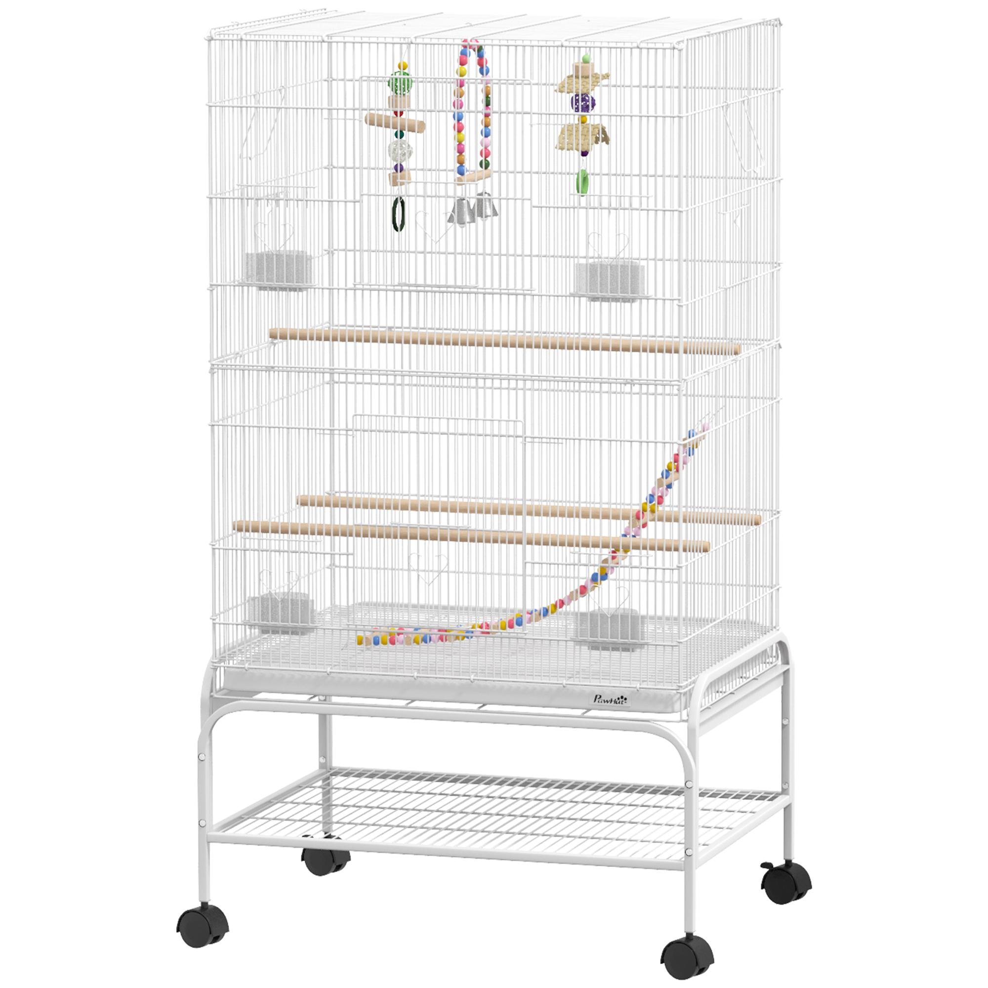 43 Inch White Bird Cage with Rolling Stand and Toys