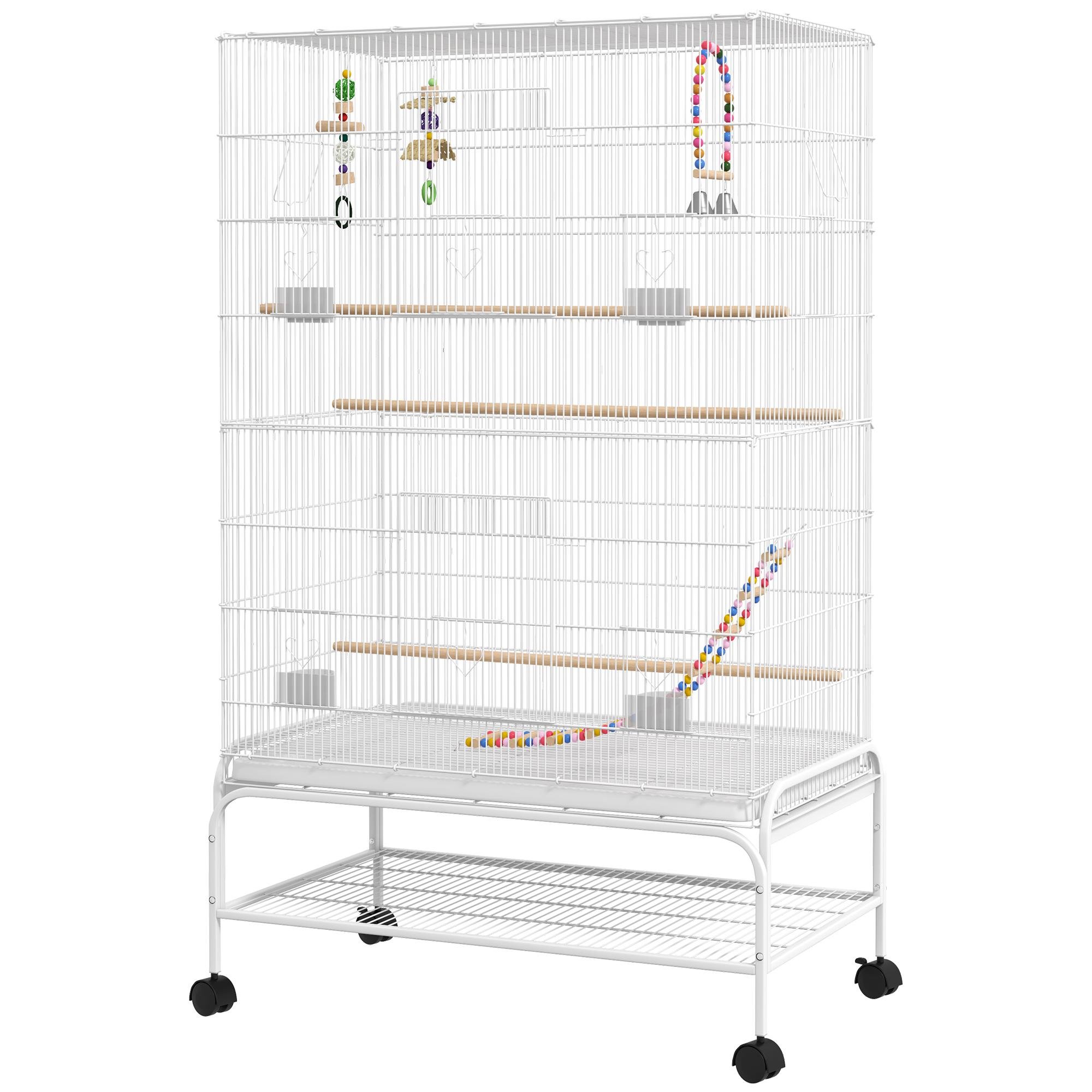 White Bird Cage with Rolling Stand, Toys and Perches